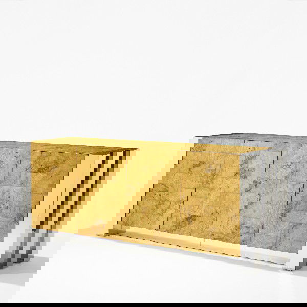 Paul Evans Cityscape cabinet: Paul Evans Cityscape cabinet Paul Evans Studio for Directional USA, c. 1975 burled olive wood, chrome-plated steel 84 w x 20 d x 32 h inches Cabinet features four doors concealing two adjustable shelv