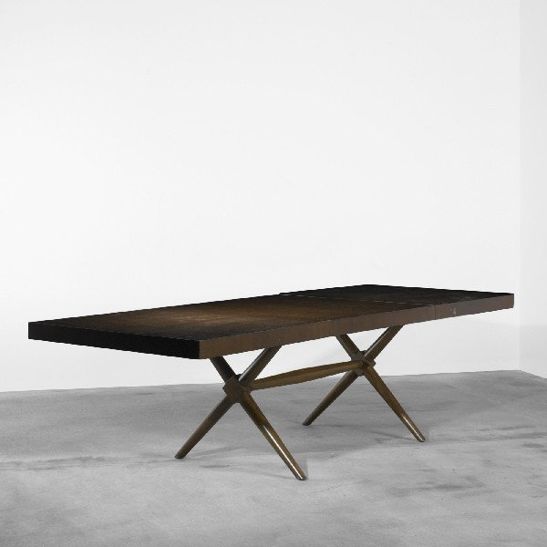 T.H. Robsjohn-Gibbings dining table: T.H. Robsjohn-Gibbings dining table Widdicomb United Kingdom, c. 1950 walnut 72 w x 40 d x 29.5 h inches Sold with one 38-inch leaf and one 20-inch leaf; table measures 130 inches when fully extended.