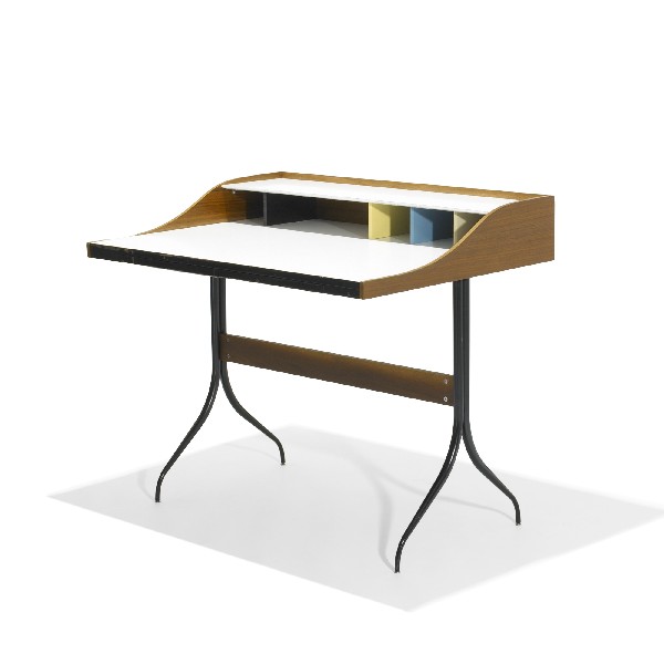 George Nelson & Associates Swaged-Leg desk: George Nelson & Associates Swaged-Leg desk, model 5850 Herman Miller USA, 1954/1958 laminate, walnut, enameled steel, lacquered wood 39 w x 28.5 d x 34 h inches Signed with applied disc manufacturer's