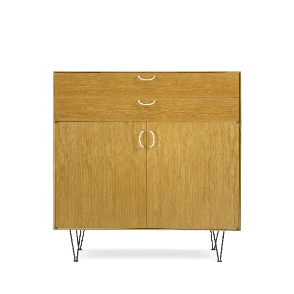 George Nelson & Associates cabinet: George Nelson & Associates cabinet Herman Miller USA, c. 1952 combed oak, enameled steel 39.5 w x 19.75 d x 40.5 h inches This cabinet features two drawers and two doors concealing storage with a sing