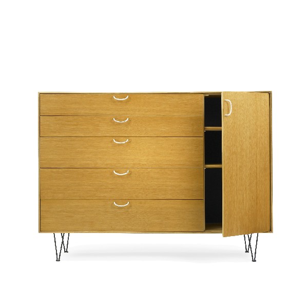 George Nelson & Associates cabinet, model 5245: George Nelson & Associates cabinet, model 5245 Herman Miller USA, c. 1952 combed oak, enameled steel 55.5 w x 19.75 d x 40.5 h inches This cabinet features five drawers and one door concealing two adj