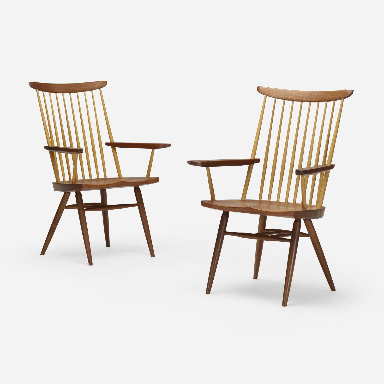 Mira Nakashima, Host armchairs, pair: Mira Nakashima Host armchairs, pair Nakashima Studio USA, 2003 American black walnut, hickory 39 h × 25 w × 24 d in (99 × 63 × 61 cm) Signed and dated to underside