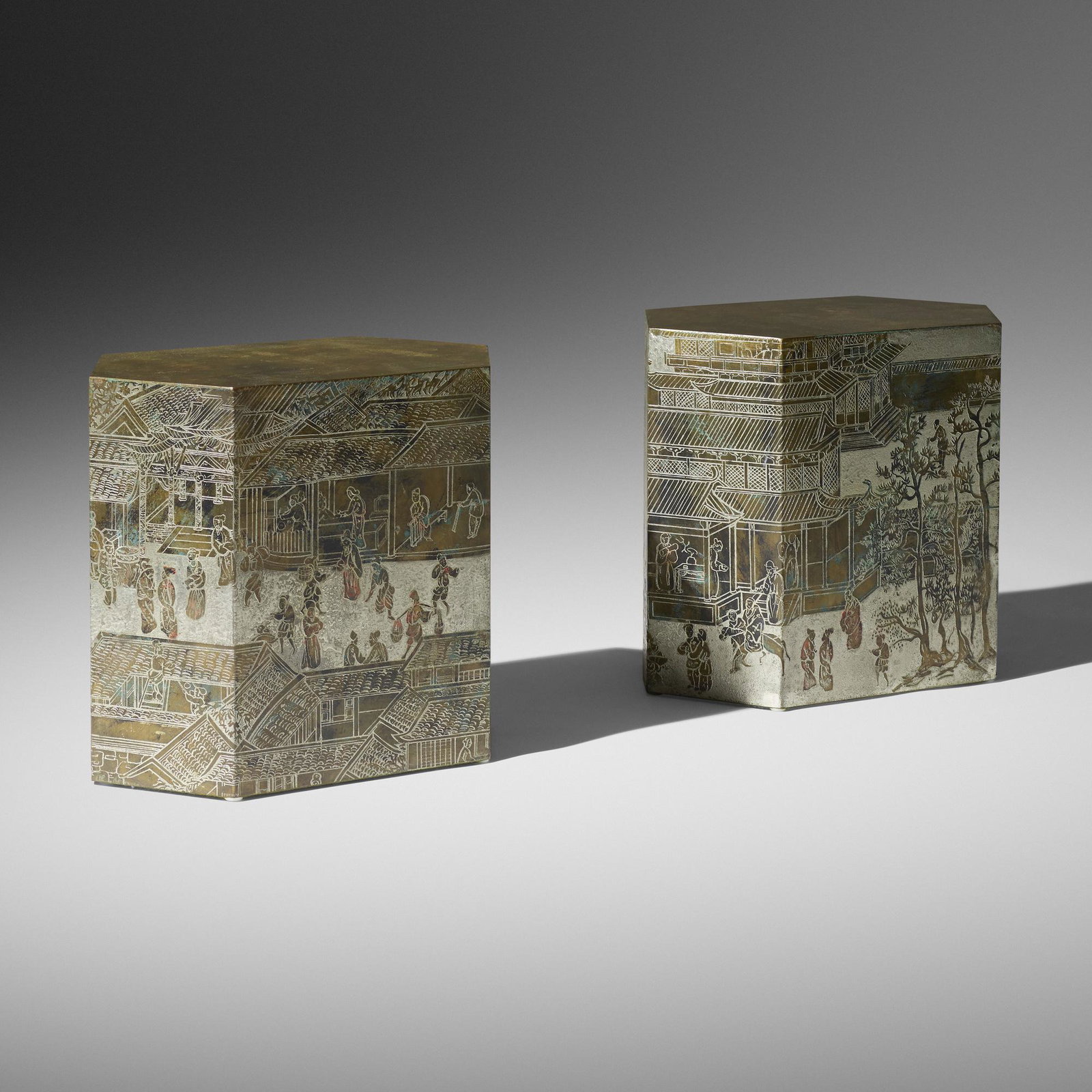 Philip and Kelvin LaVerne, Spring Festival tables, pair: Philip and Kelvin LaVerne Spring Festival occasional tables, pair USA, c. 1965 acid-etched and enameled brass over wood 15.75 h × 18 w × 10 d in (40 × 46 × 25 cm) Etched