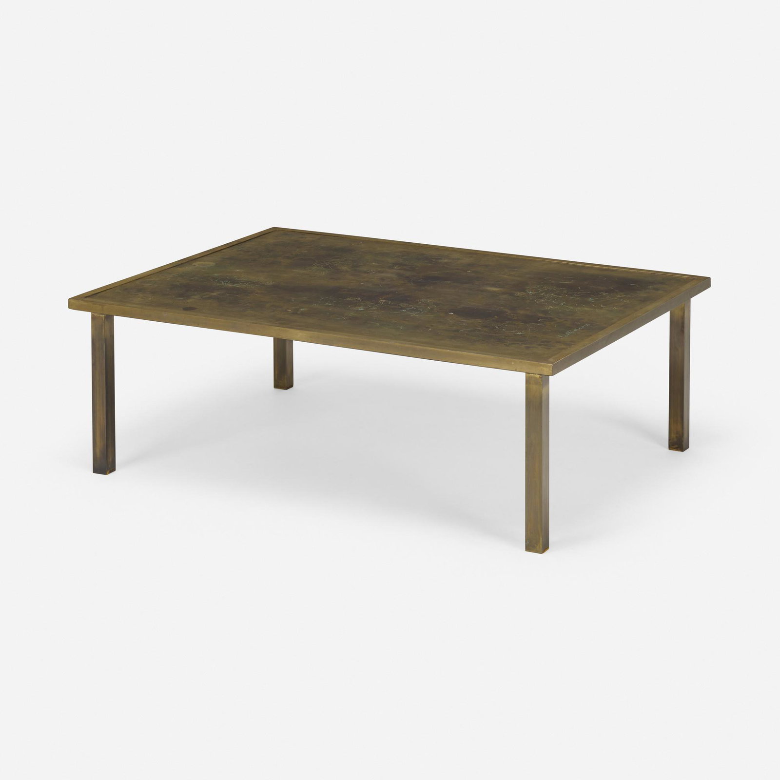 Philip and Kelvin LaVerne, Classical coffee table: Philip and Kelvin LaVerne Classical coffee table USA, c. 1970 acid-etched and patinated brass over wood 16 h × 48 w × 35 d in (41 × 122 × 89 cm) Acid-etched signature to