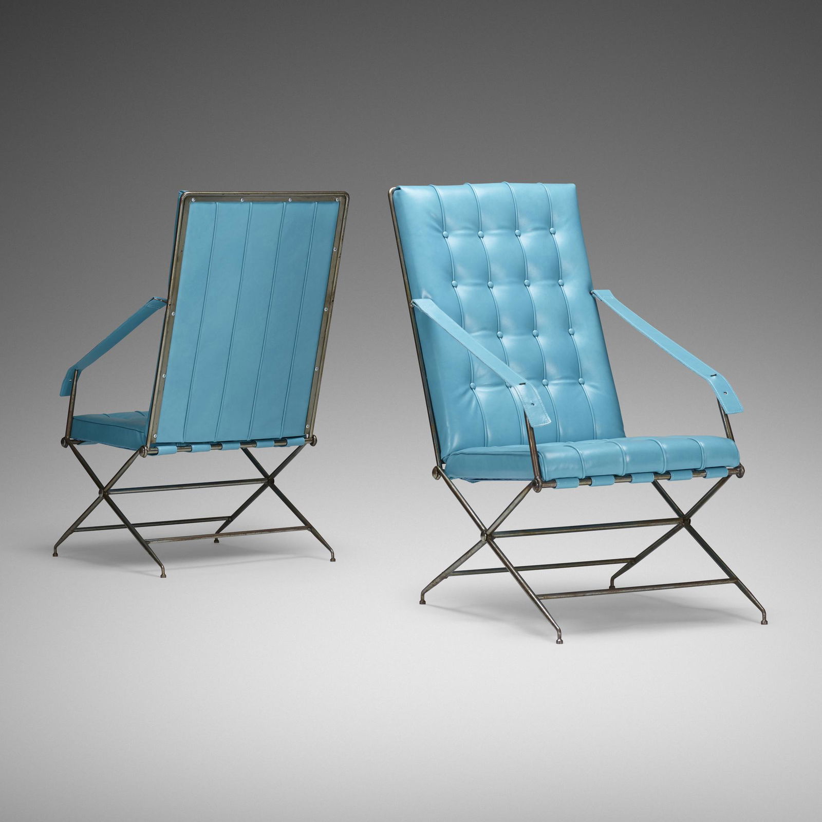 John Vesey, Napoleonic Campaign chairs model V-6, pair: John Vesey Napoleonic Campaign chairs model V-6, pair John Vesey, Inc.USA, c. 1958polished steel, leather 41.5 h × 23 w × 30 d in (105 × 58 × 76 cm) Liter