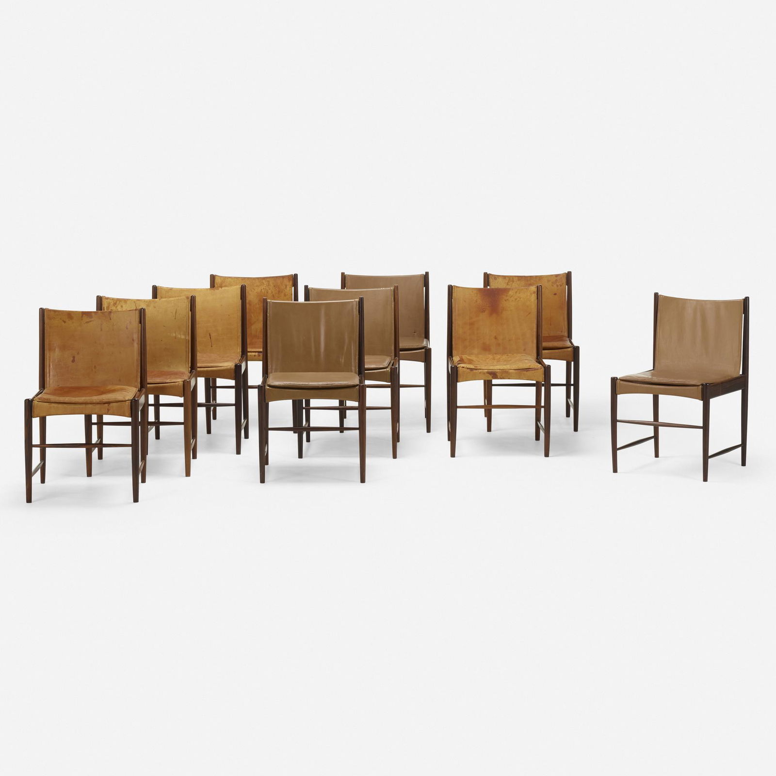 Sergio Rodrigues, Cantu chairs, set of ten: Sergio Rodrigues Cantu chairs, set of ten OcaBrazil, 1958jacaranda, leather 32 h × 19.25 w × 21 d in (81 × 49 × 53 cm) This design was awarded third place in the