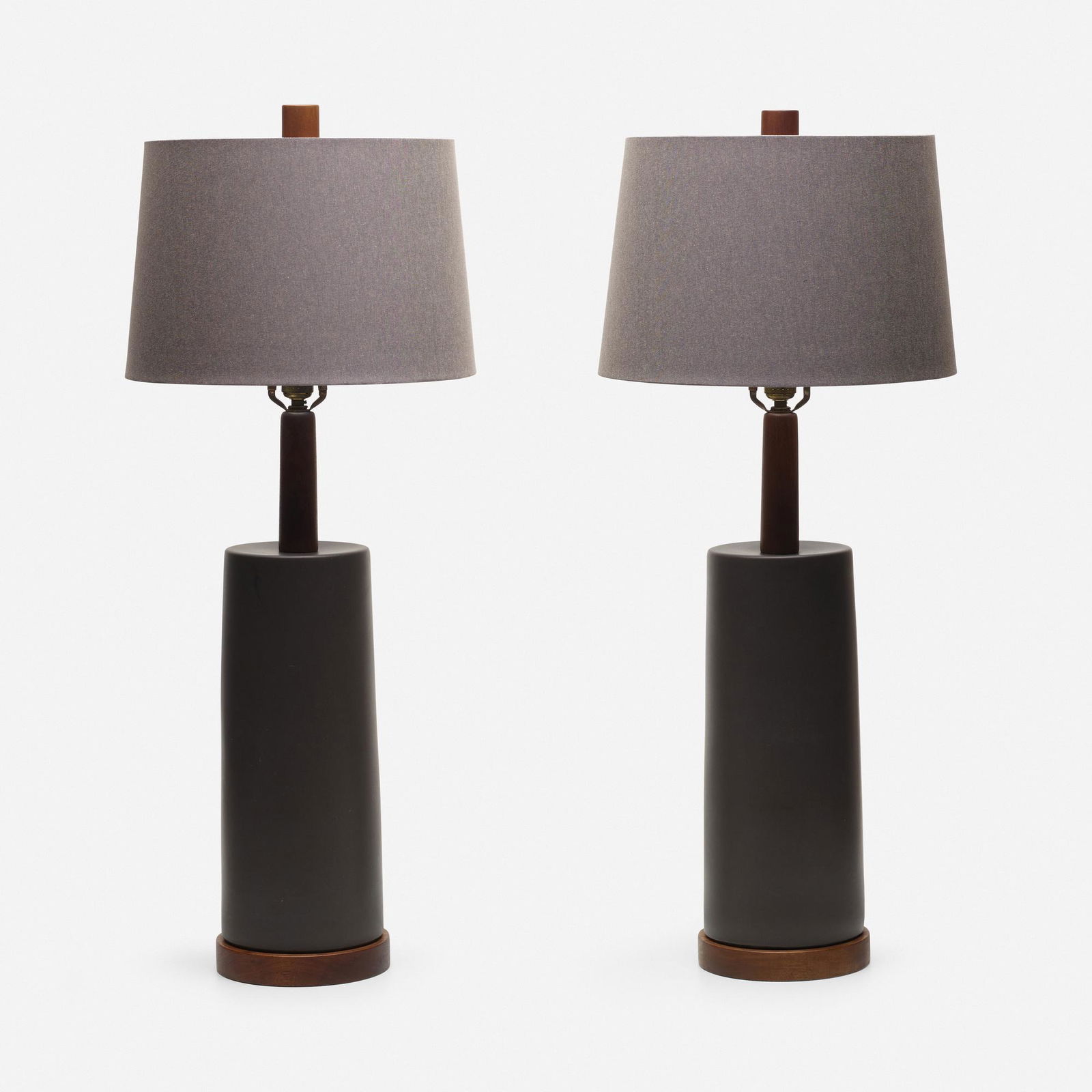 Gordon and Jane Martz, Table lamps, pair: Gordon and Jane Martz Table lamps, pair USA, c. 1955glazed ceramic, walnut, linen 36.75 h × 15 dia in (93 × 38 cm) This work will ship from Wright in Chicago, Illinois