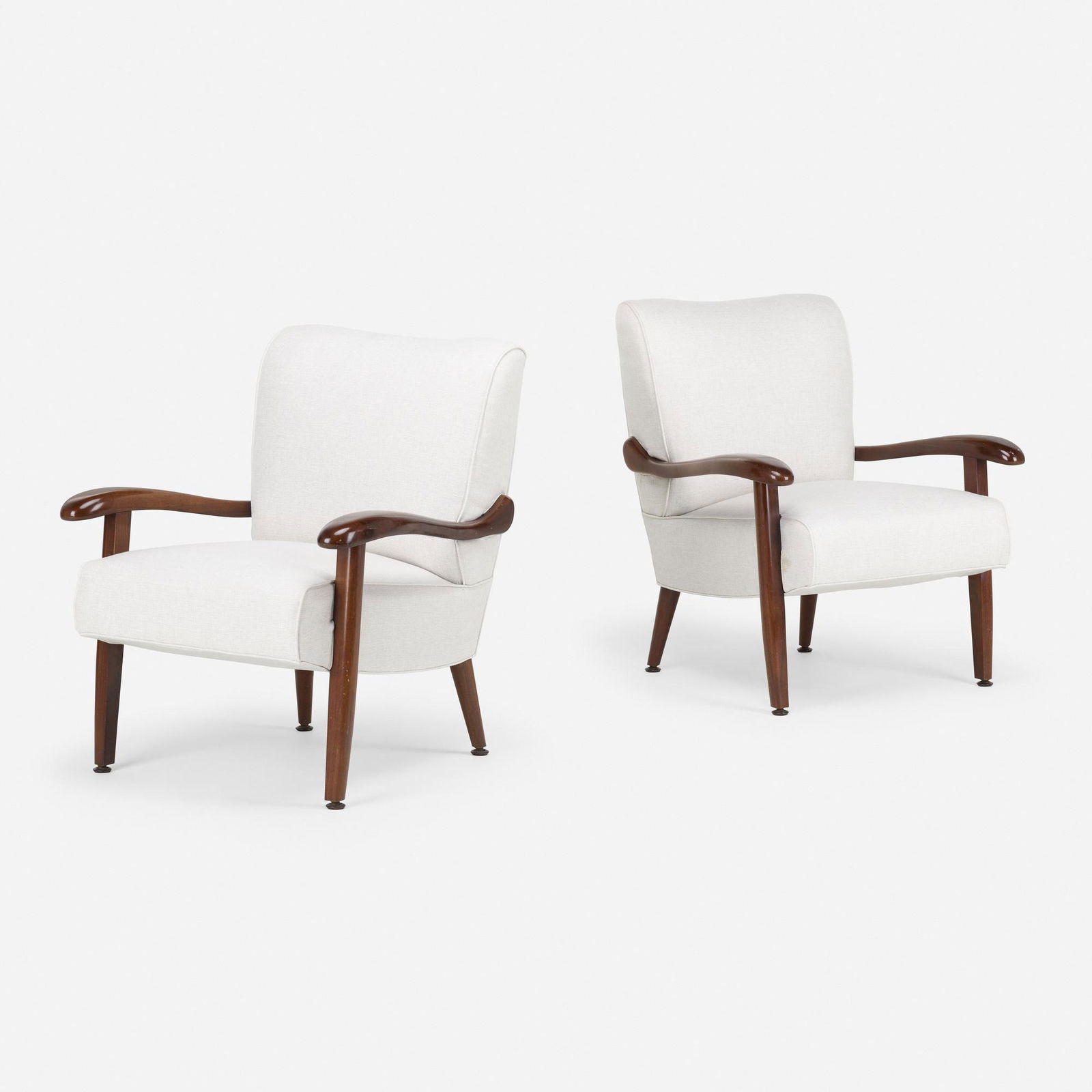 Paul Laszlo, Custom lounge chairs: Paul Laszlo Custom lounge chairs, pair from the Weir Residence Laszlo, Inc.Hungary/USA, 1952walnut, cotton blend upholstery 33 h × 29 w × 28 d in (84 × 74 × 71 cm)