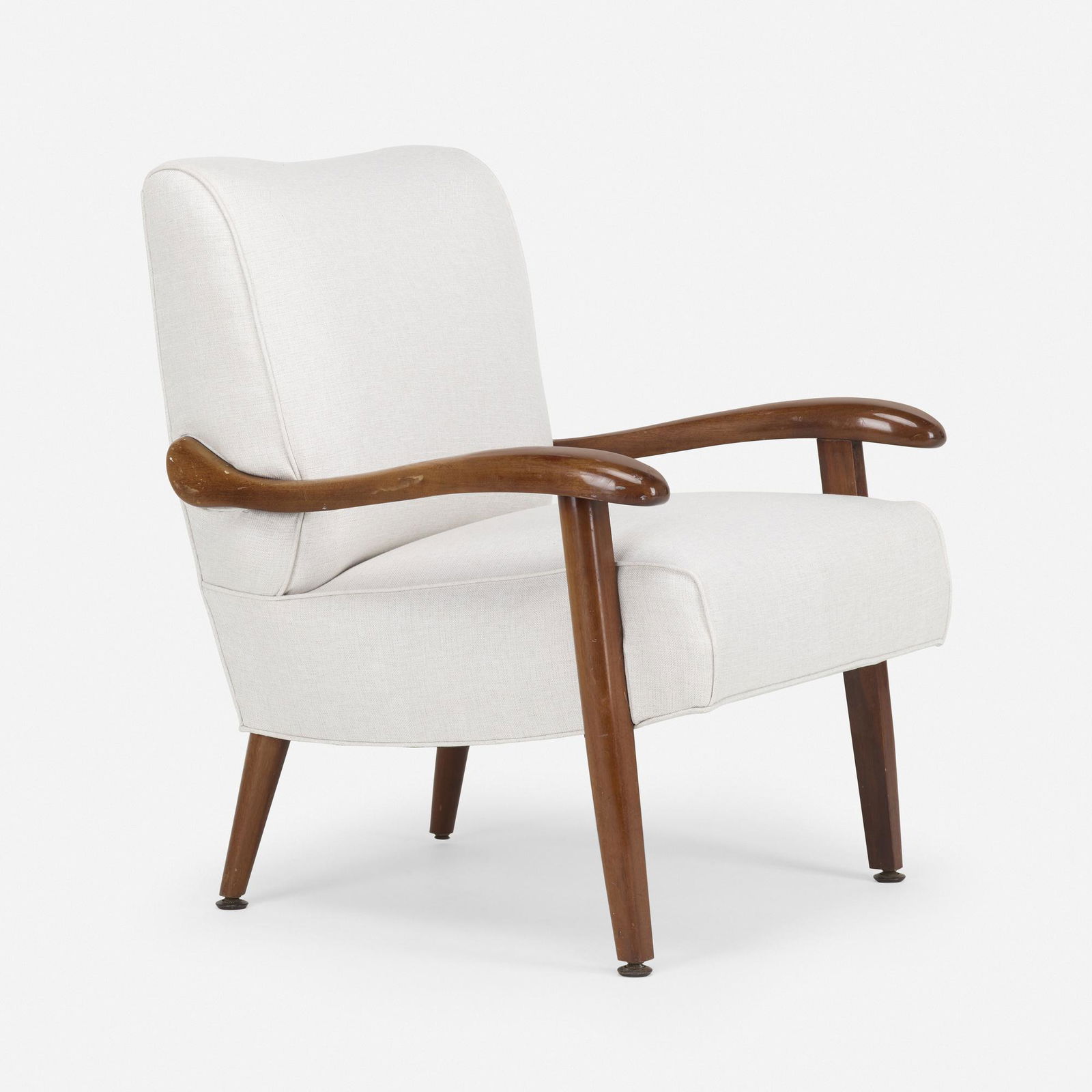 Paul Laszlo, Custom lounge chair: Paul Laszlo Custom lounge chair from the Weir Residence Laszlo, Inc.Hungary/USA, 1952walnut, cotton blend upholstery 33 h × 29 w × 28 d in (84 × 74 × 71 cm) This