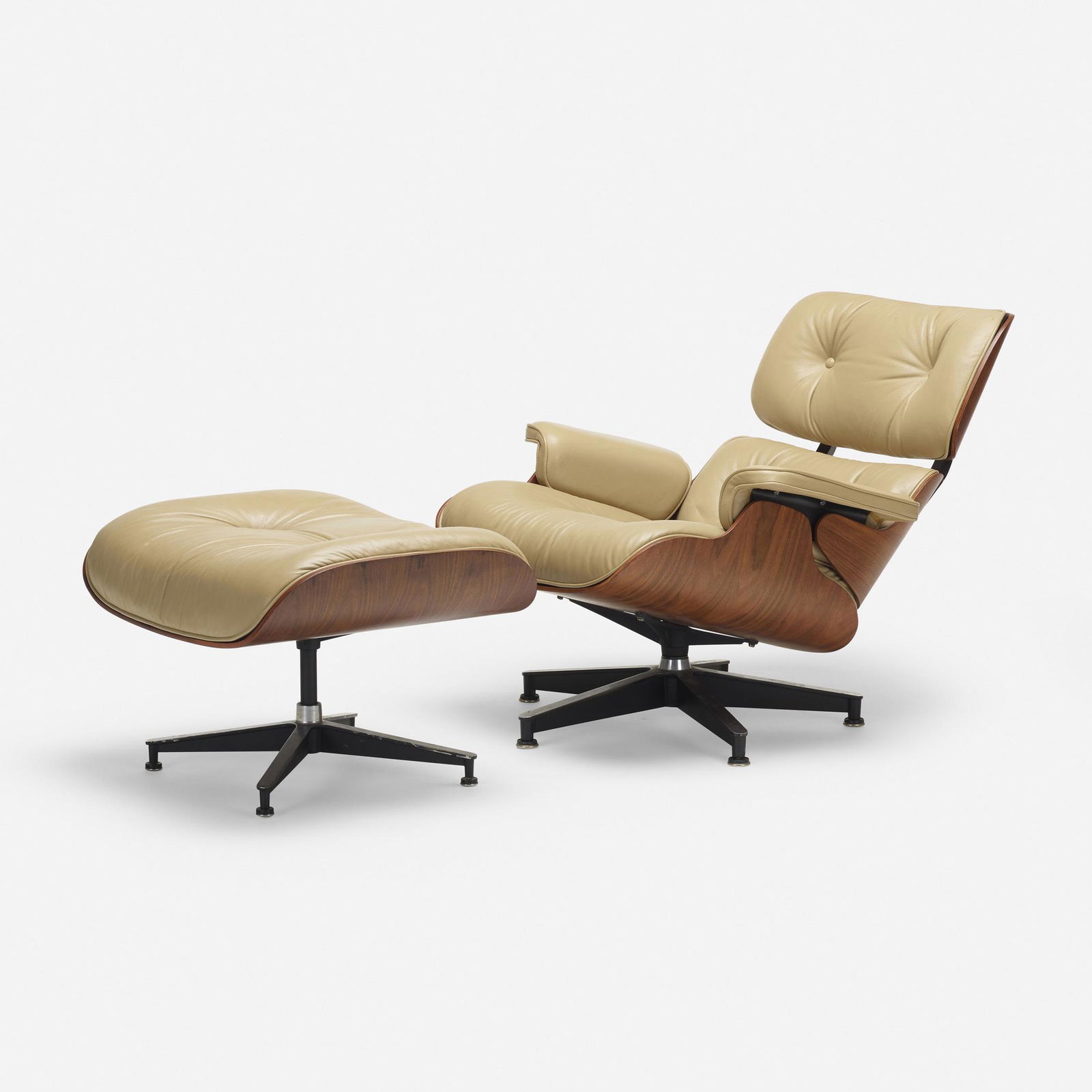Charles and Ray Eames, 670 lounge chair and 671 ottoman: Charles and Ray Eames 670 lounge chair and 671 ottoman Herman MillerUSA, 1956 / c. 1985molded rosewood plywood, leather, enameled aluminum chair: 29.25 h × 32 w × 36 d in (74 ×