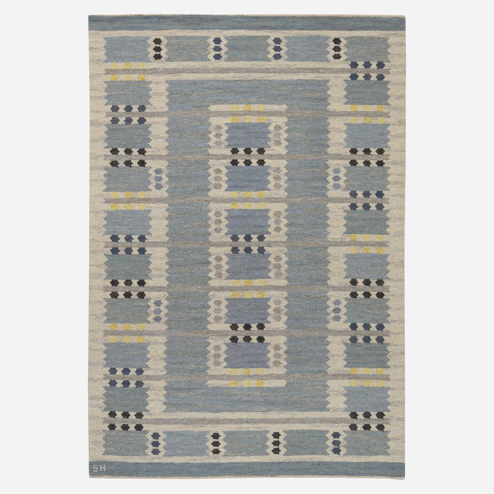 Svensk Hemslojd, Flatweave carpet: Svensk Hemslojd Flatweave carpet Sweden, c. 1950 hand-woven wool 5'5" × 7'10" in (165 × 239 cm) Woven signature to edge 'SH'. This work will ship from Rago in La