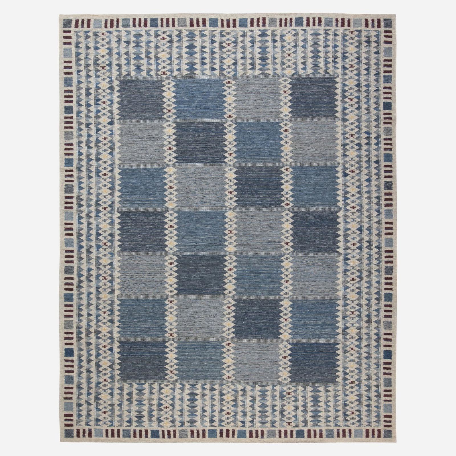 Contemporary, Swedish-style flatweave carpet: Contemporary Swedish-style flatweave carpet India, 21st century hand-woven wool 15'1" × 12' in (460 × 366 cm) This work will ship from Rago in Lambertville, New Jersey.