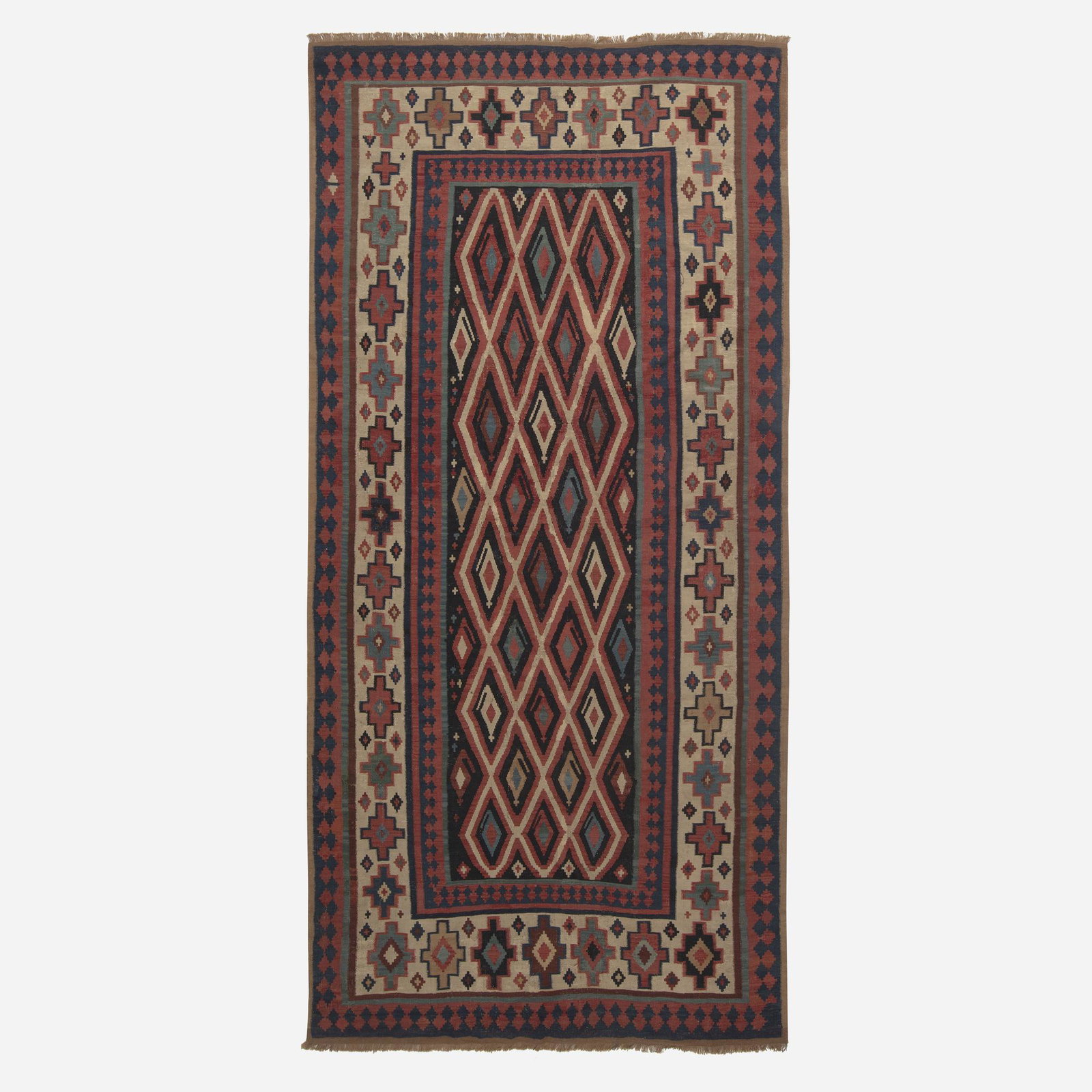 Caucasian, Kilim: Caucasian Kilim c. 1940 hand-woven wool 5'3" × 10'5" in (160 × 317 cm) This work will ship from Rago in Lambertville, New Jersey.
