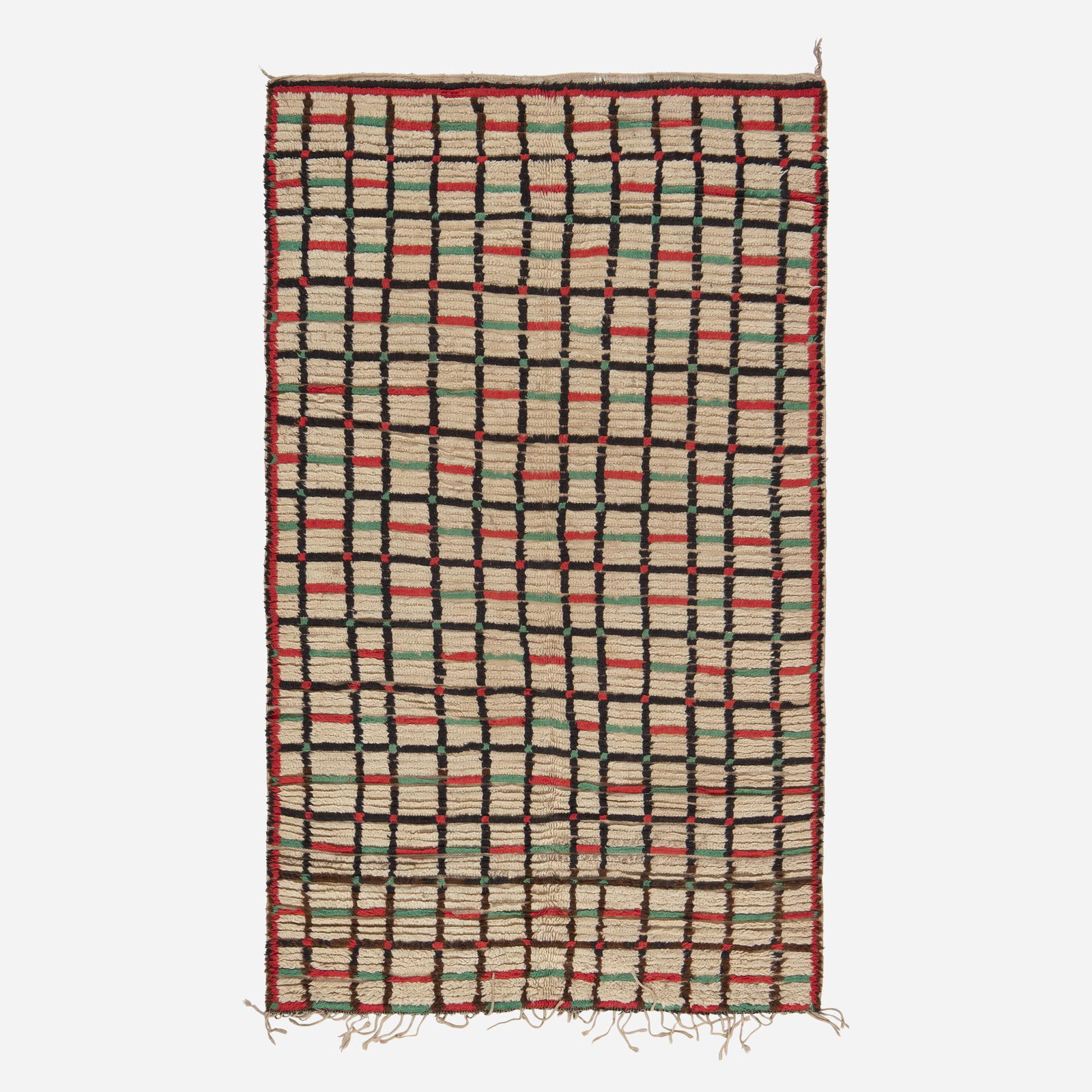 Moroccan, Pile carpet: Moroccan Pile carpet c. 1960 hand-knotted wool 4'2" × 7' in (127 × 213 cm) This work will ship from Rago in Lambertville, New Jersey.