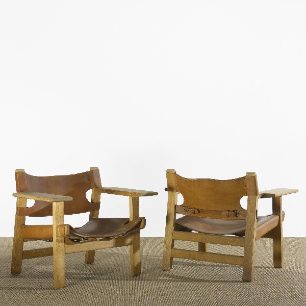 Børge Mogensen Spanish chairs, pair: Børge Mogensen Spanish chairs, pair Fredericia Stolefabrik Denmark, 1959 oak, leather 32.5 w x 24 d x 26.5 h inches Literature: Danish Chairs, Oda, ppg. 136-137