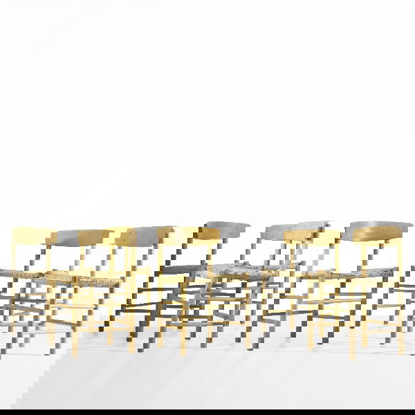 Børge Mogensen Shaker chairs, set of six: Børge Mogensen Shaker chairs model J39, set of six FDB Møbler Denmark, 1944 white oak, rush 19 w x 16 d x 30 h inches Literature: Danish Chairs, Oda, pg. 127