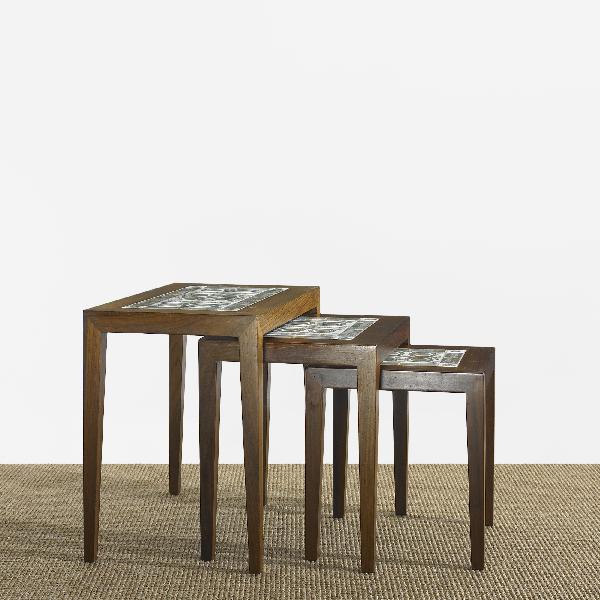 Hansen Jr. and Thorsson tables, set of three: Severin Hansen Jr. and Nils Thorsson nesting tables, set of three Haslev Møbelfabrik Denmark, c. 1960 rosewood, ceramic tiles 23.25 w x 14 d x 19.75 h inches The tiles on these tables were manufactur