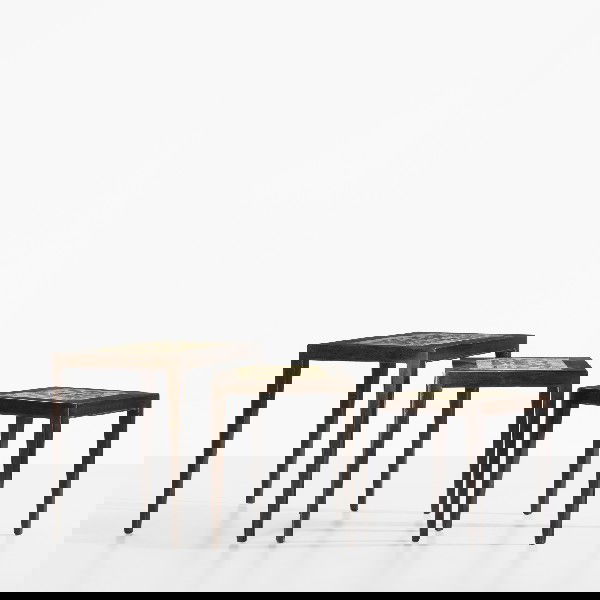 Hansen Jr. and Thorsson tables, set of three: Severin Hansen Jr. and Nils Thorsson nesting tables model 34, set of three Haslev Møbelfabrik Denmark, c. 1960 lacquered mahogany, ceramic tiles 22.25 w x 14.75 d x 19.75 h inches Signed with branded