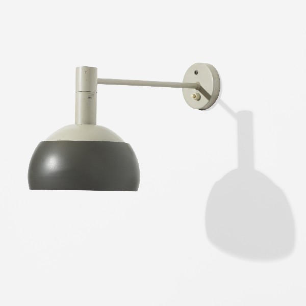 Finn Juhl sconce: Finn Juhl sconce Lyfa Denmark, 1963 enameled steel, enameled aluminum 7 w x 14 d x 8 h inches Signed with decal manufacturer's label to fixture: [Lyfa]. Literature: Finn Juhl: Furniture, Architecture,