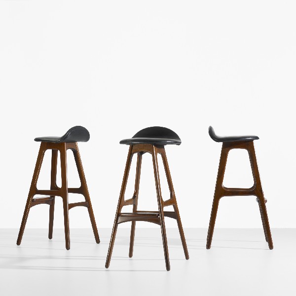 Erik Buck bar stools model OD61, set of three: Erik Buck bar stools model OD61, set of three Oddense Maskinsnedkeri A/S Denmark, c. 1964 rosewood, leather 15.5 w x 18 d x 33 h inches Signed with decal manufacturer's label to underside of each exam