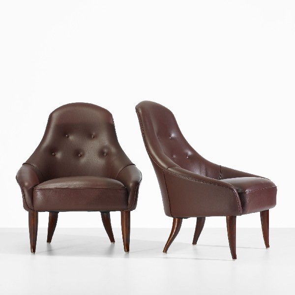 Kerstin Horlin-Holmquist Adam lounge chairs, pair: Kerstin Horlin-Holmquist Adam lounge chairs, pair Nordiska Kompaniets Verkstader Nykoping Sweden, 1958 leather, lacquered beech 28 w x 30 d x 32.5 h inches Literature: Svenska Stolar: Och Deras Formgi