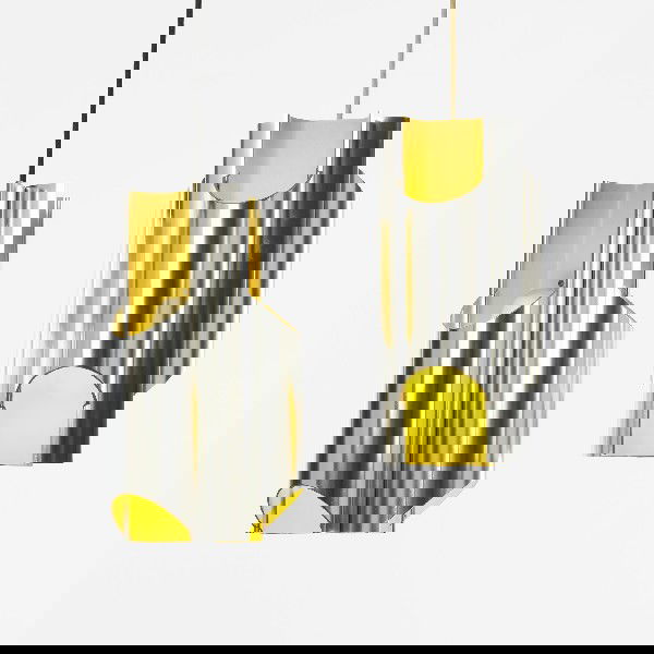 Bengt Karlby Pantre pendants, pair: Bengt Karlby Pantre pendants, pair Lyfa Denmark, c. 1965 aluminum, enameled aluminum 8 w x 8 d x 14.25 h inches Signed with applied manufacturer's label to each example: [Lyfa].