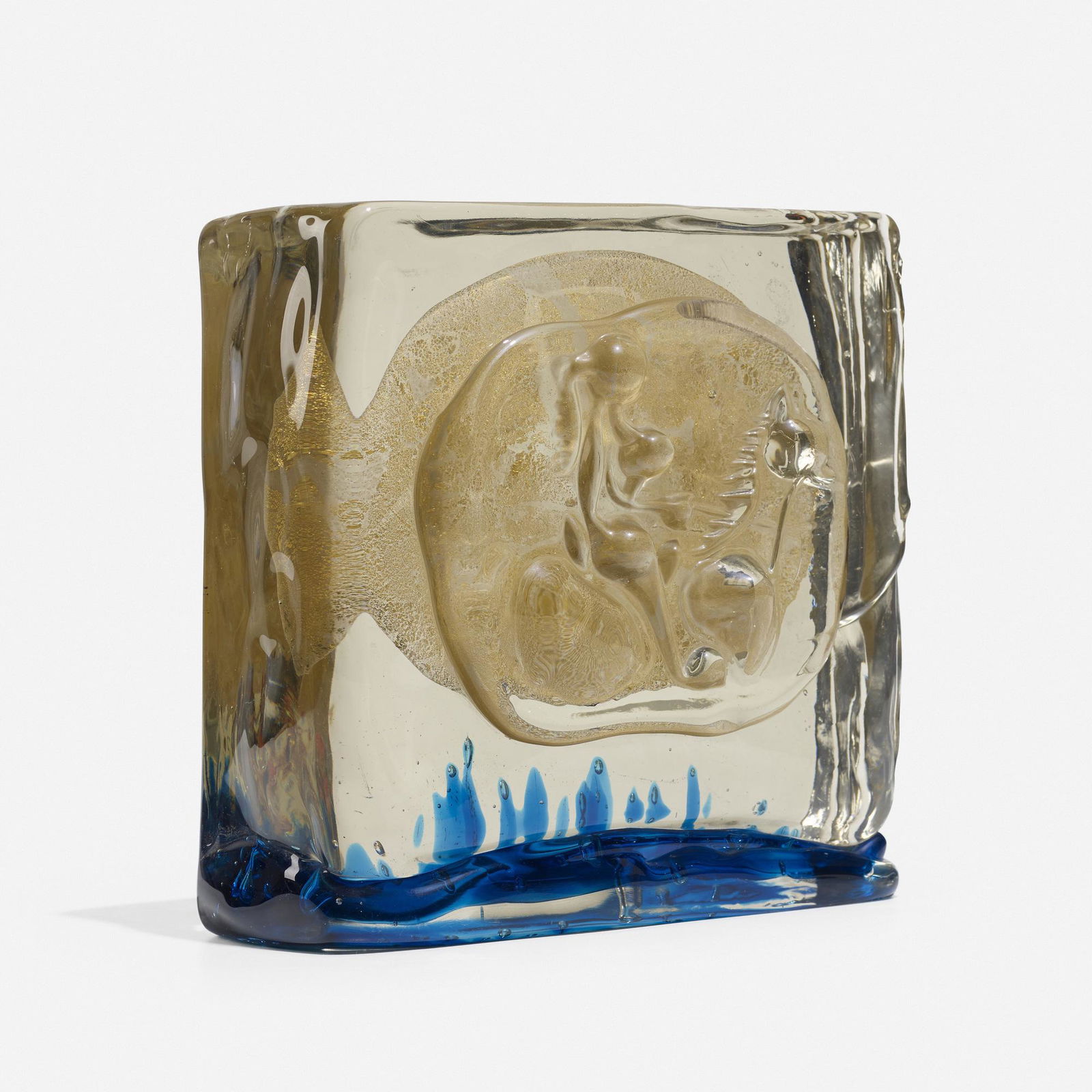 Robert Wilson, attribution, Untitled (Woman with Horse): Robert Wilson, attribution Untitled (Woman with Horse) c. 1980internally decorated fused glass with gold inclusion 9.75 h × 9.75 w × 4.5 d in (25 × 25 × 11 cm)