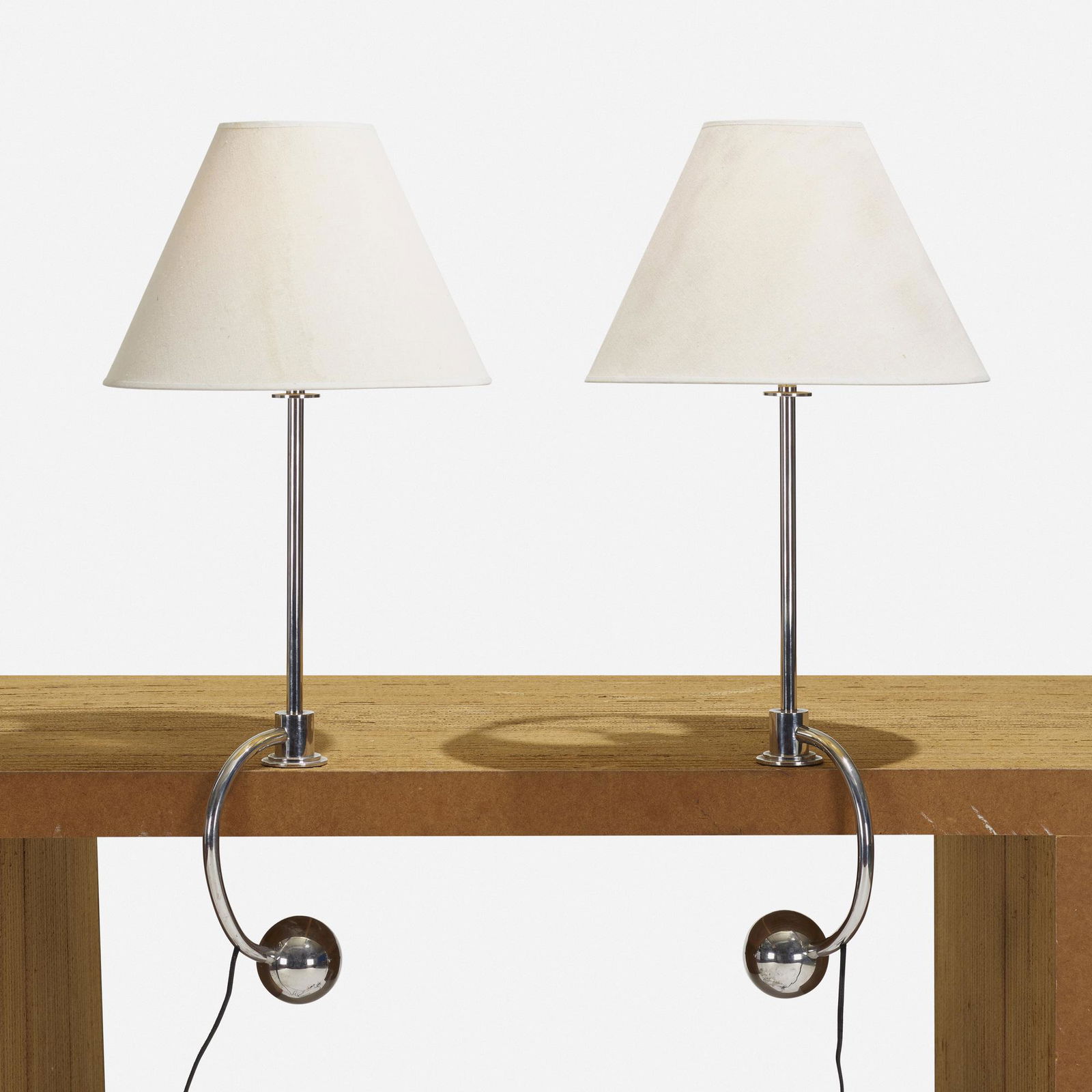 William Lescaze, Counterbalance table lamps, pair: William Lescaze Counterbalance table lamps, pair USA, c. 1934chrome-plated brass, linen 33 h × 15 dia in (84 × 38 cm) Provenance: Collection of Mark McDonald