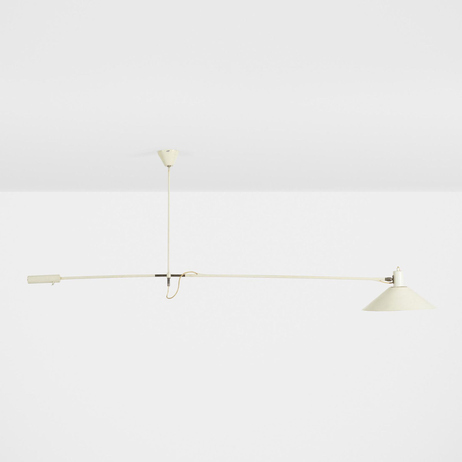 J.J.M. Hoogervorst, Counterbalance ceiling lamp: J.J.M. Hoogervorst Counterbalance ceiling lamp AnviaThe Netherlands, c. 1960enameled steel, enameled aluminum, nickel-plated brass 36 h × 80 dia in (91 × 203 cm) Prov