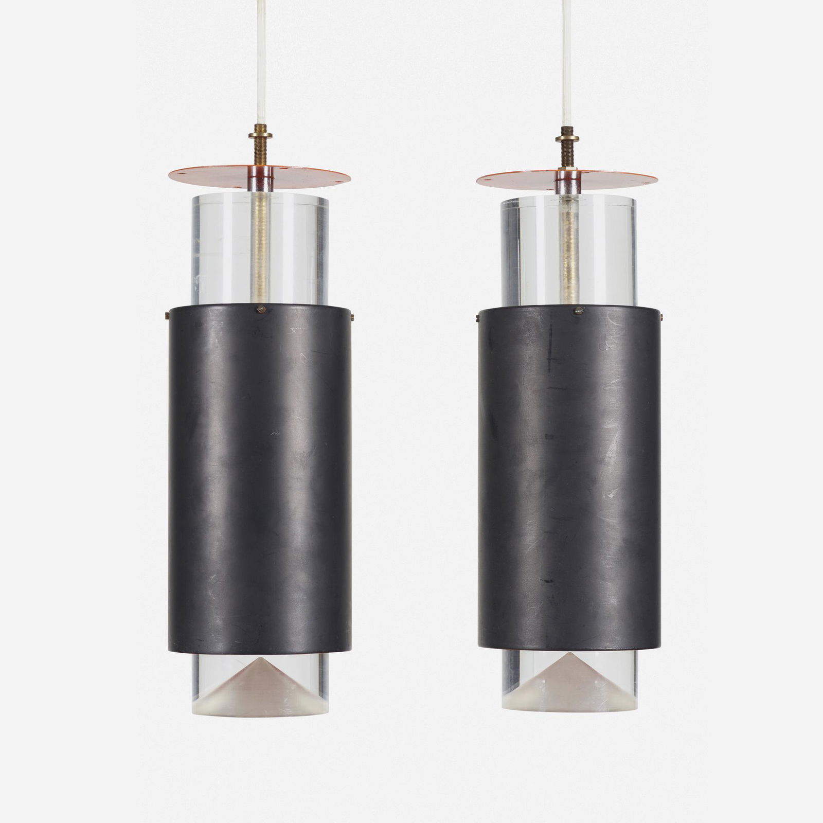 Simon Henningsen, Pendant lamps, pair: Simon Henningsen Pendant lamps, pair LyfaDenmark, c. 1965enameled steel, acrylic, brass 13.75 h × 5.25 dia in (35 × 13 cm) Provenance: Collection of Mark McD