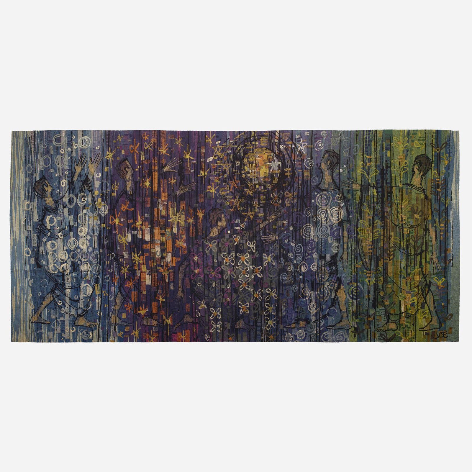 Joyce Conwy Evans, The Elements tapestry: Joyce Conwy Evans The Elements tapestry The Edinburgh Tapestry CompanyUnited Kingdom, c. 1965hand-woven wool 94 h × 199 w in (239 × 505 cm) The Elements tapestry was c
