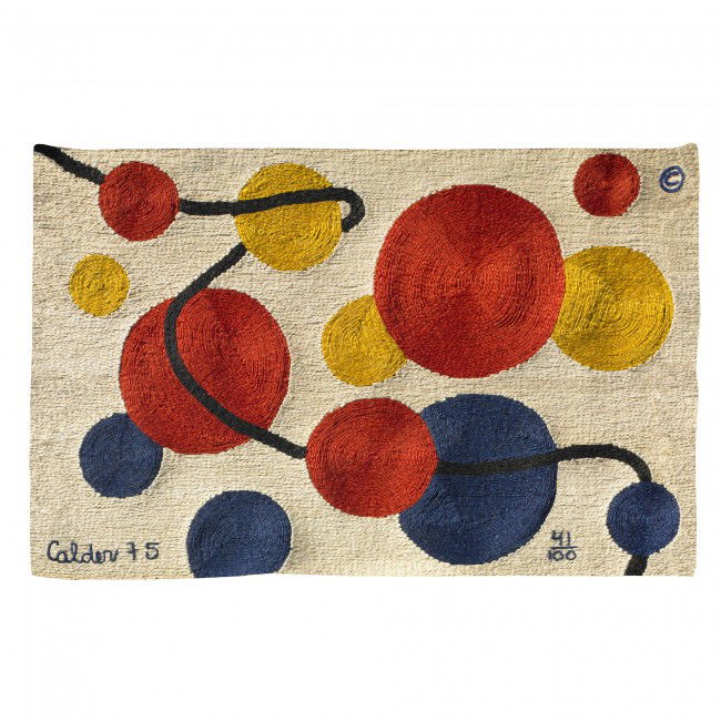 After Alexander Calder tapestry: After Alexander Calder tapestry C.A.C. Publications/Bon Art USA, 1975 woven jute 84 w x 56 h inches This work is number forty-one from the edition of 100 published by C.A.C. Publications and Bon Art.