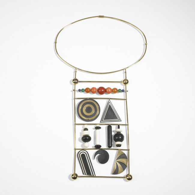 Lucio Del Pezzo necklace: Lucio Del Pezzo necklace GEM- Montebello Italy, 1969 18 karat gold, ebony, ivory, glass 6.5 w x 11.75 h inches In 1967, Giancarlo Montebello and Teresa Pomodoro opened a goldsmith's shop that exclusiv