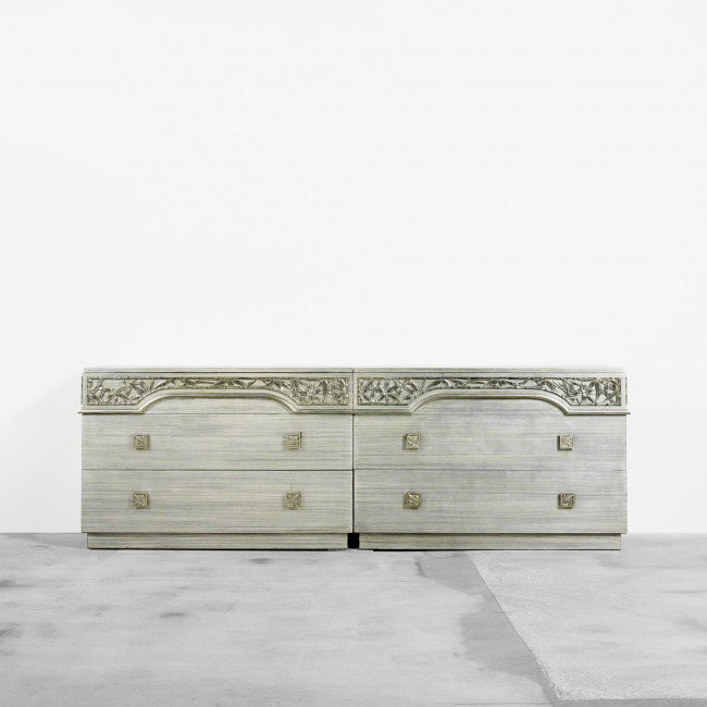 James Mont cabinet: James Mont cabinet James Mont Designs USA, c. 1960 silver leaf over wood 97.5 w x 20.5 d x 32.25 h inches Signed with branded manufacturer's mark to drawer: [James Mont Design].