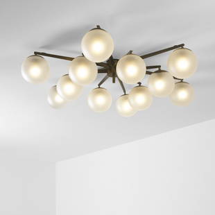 Angelo Lelli Stella chandelier: Angelo Lelli Stella chandelier Arredoluce Italy, c. 1950 bronze, frosted glass 56 dia x 11 h inches Literature: Arredoluce, manufacturer's catalog, unpaginated