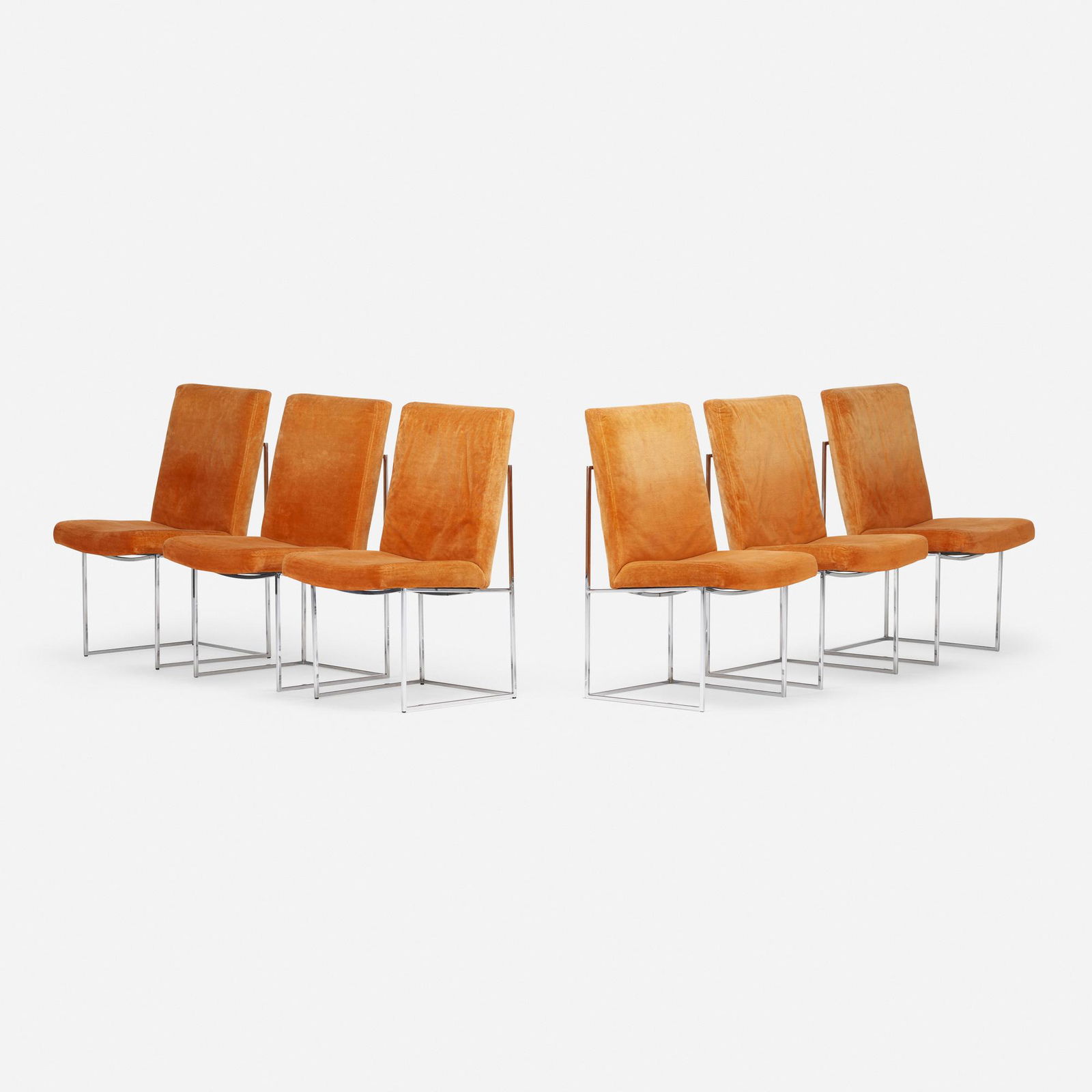 Milo Baughman, Dining chairs, set of six: Milo Baughman Dining chairs, set of six Thayer CogginUSA, c. 1970upholstery over foam, chrome-plated steel 36.5 h × 20 w × 24 d in (93 × 51 × 61 cm)