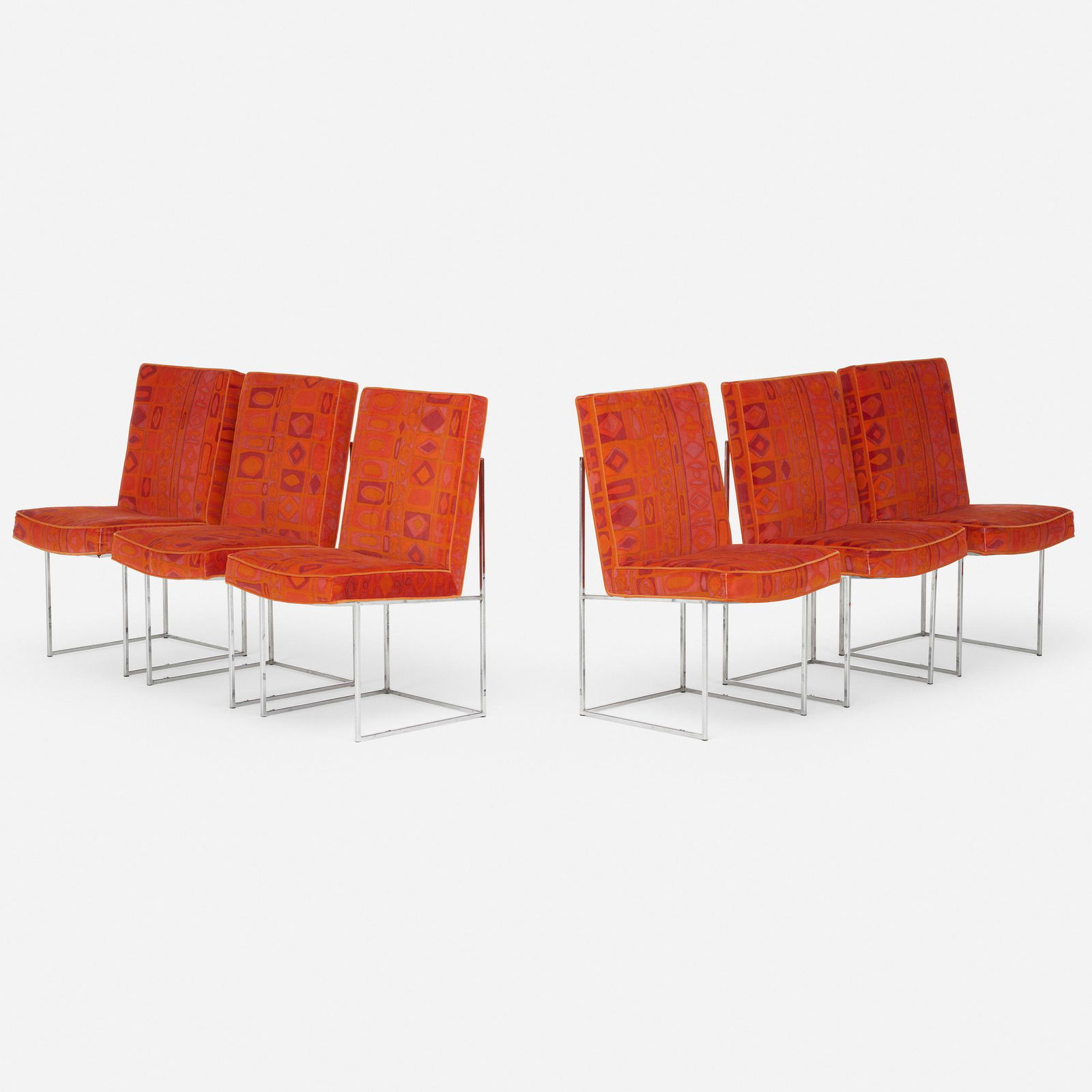 Milo Baughman, Dining chairs, set of six: Milo Baughman Dining chairs, set of six Thayer CogginUSA, c. 1970chrome-plated steel, vintage Knoll velvet 36 h × 19.5 w × 22.5 d in (91 × 50 × 57 cm)