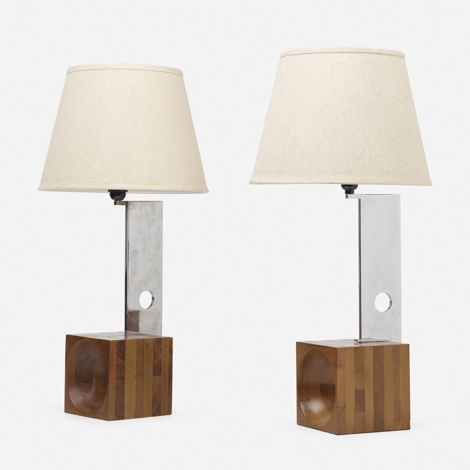 Angelo Brotto, Table lamps, pair: Angelo Brotto Table lamps, pair EsperiaItaly, c. 1970laminated and carved wood, polished aluminum, linen 30.25 h × 15 dia in (77 × 38 cm) This work will ship fro