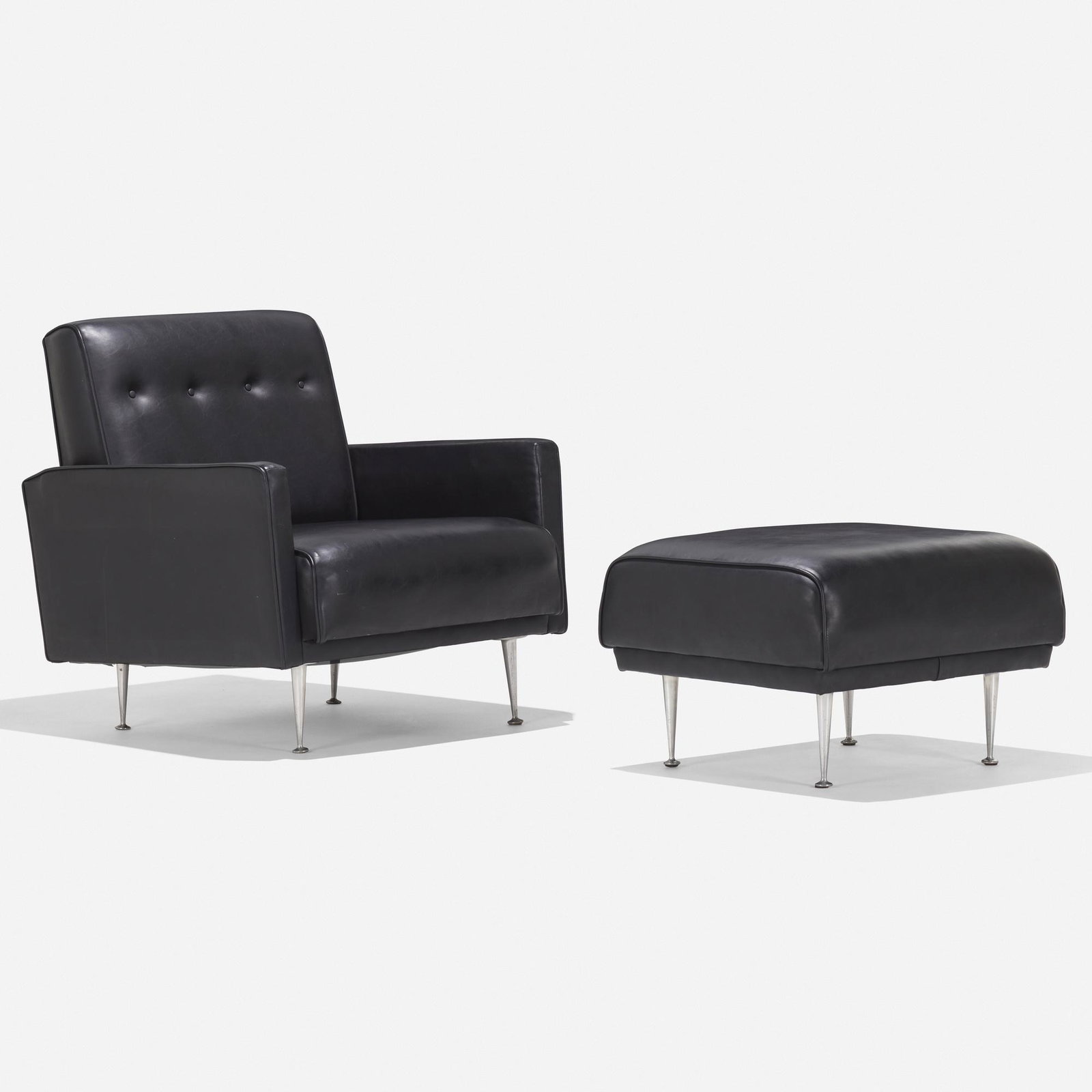 George Nelson & Associates, Lounge chair and ottoman: George Nelson & Associates Lounge chair model 5484, and ottoman Herman Miller USA, 1954 naugahyde, aluminum chair: 30.5 h × 29.5 w × 32 d in (77 × 75 × 81 cm) ottoman: