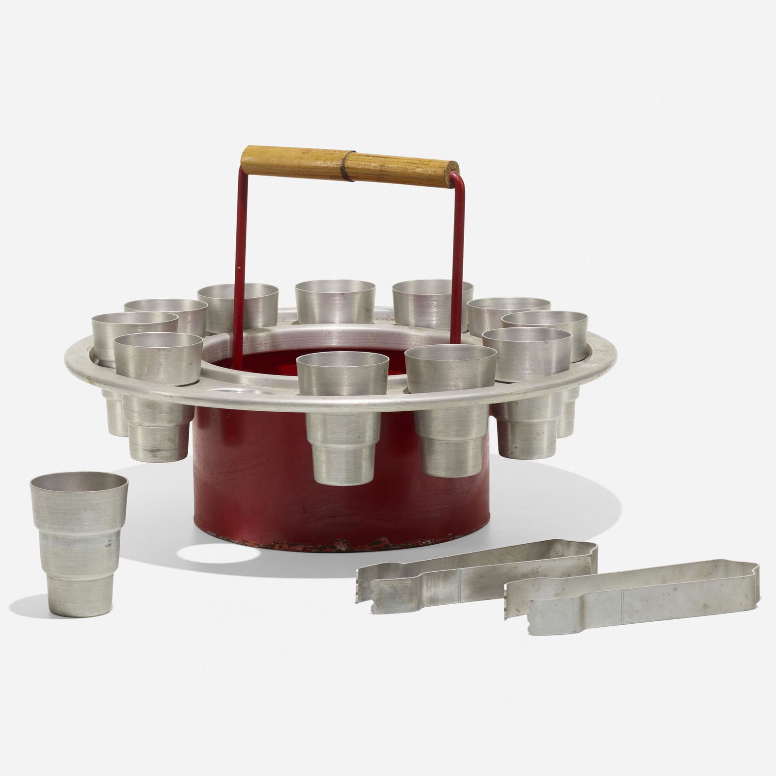 Russel Wright, Rare Ballyhoo ice bucket set: Russel Wright Rare Ballyhoo ice bucket set Russel Wright, Inc.USA, c. 1930spun aluminum, enameled steel, bamboo 13.5 h × 19.75 dia in (34 × 50 cm) This is the first time this