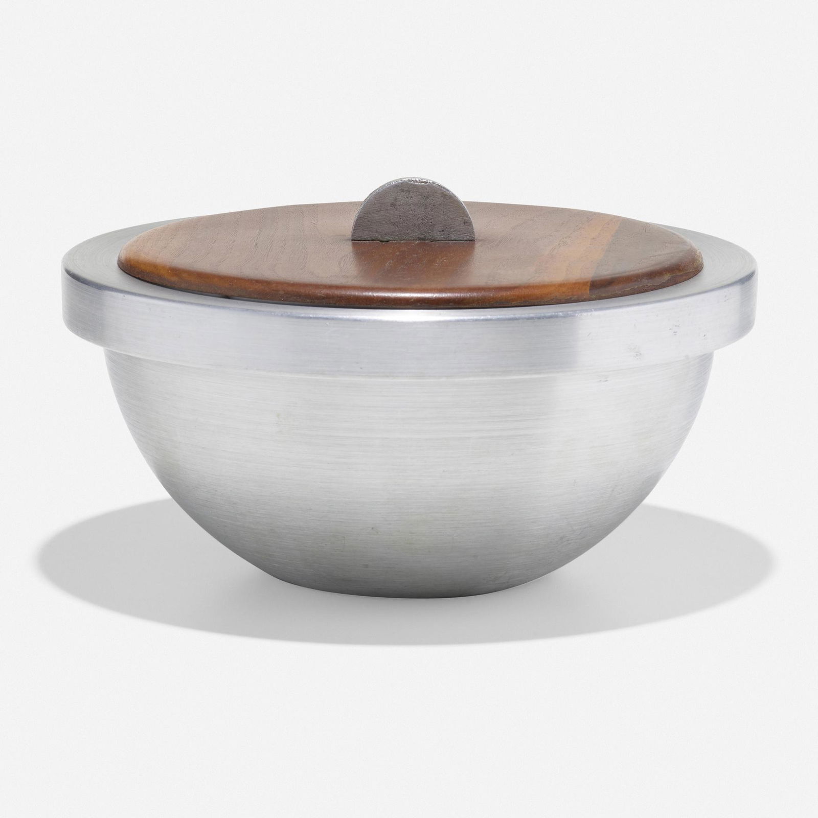 Russel Wright, Thermo Dish, model 236: Russel Wright Thermo Dish, model 236 USA, c. 1935spun aluminum, walnut 4.75 h × 8.5 dia in (12 × 22 cm) Impressed manufacturer's mark to underside 'Russel Wright'. L