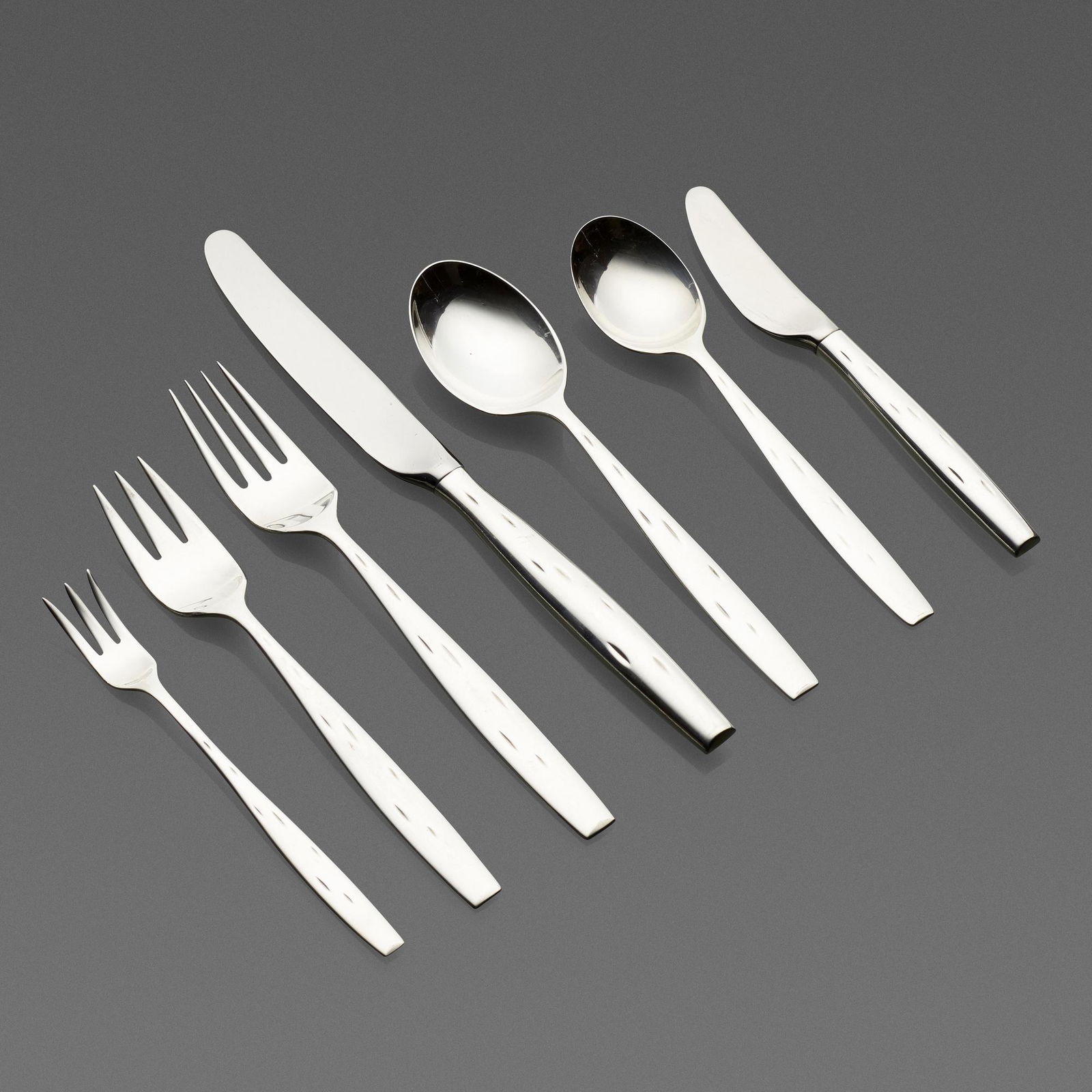 Raymond Loewy, Discovery flatware service: Raymond Loewy Discovery flatware service Wallace SilversmithsUSA/France, c. 1957sterling silver Seven-piece service for twelve plus twelve additional utensils and twelve serving pieces; 108