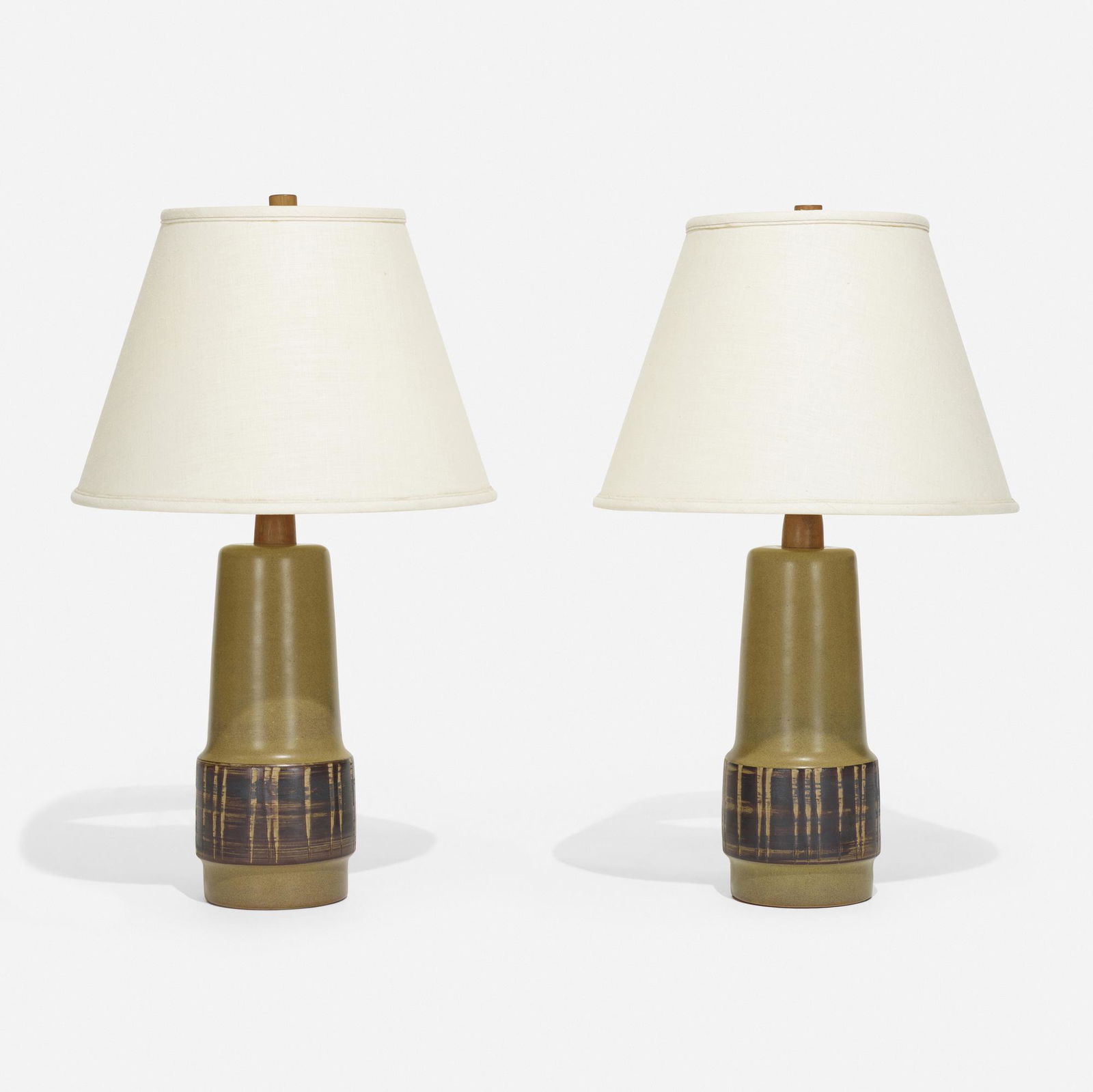 Gordon and Jane Martz, Table lamps, pair: Gordon and Jane Martz Table lamps, pair USA, c. 1955glazed earthenware, maple, linen shades 30 h × 18.25 dia in (76 × 46 cm) Incised signature to lower edge of each example 'Martz'