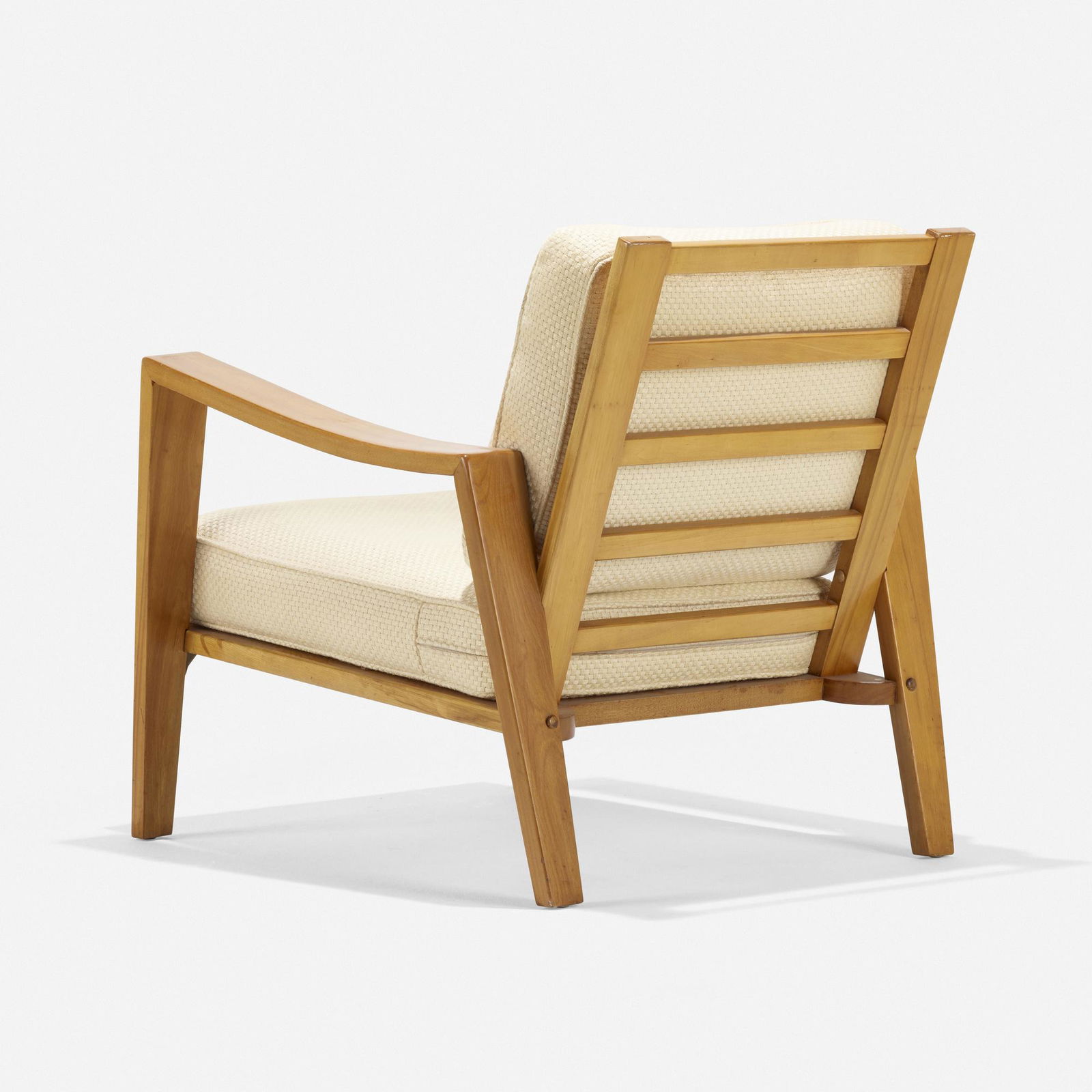 Russel Wright, American Modern lounge chair: Russel Wright American Modern lounge chair Conant BallUSA, 1935maple, upholstery 28.75 h × 27.75 w × 33 d in (73 × 70 × 84 cm) Branded circular manufacturer's mar