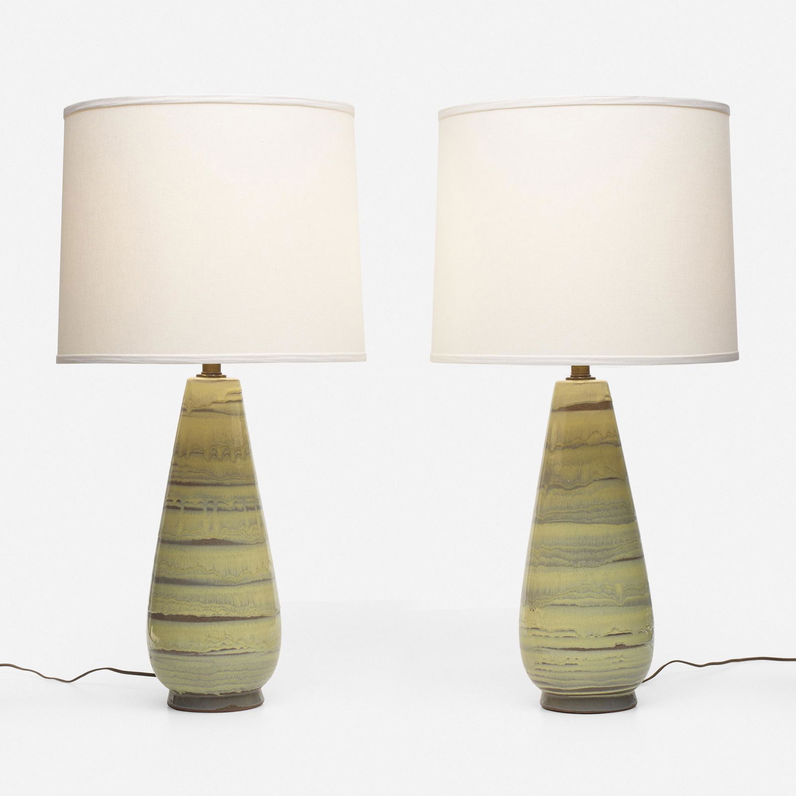 Design-Technics, Table lamps, pair: Design-Technics Table lamps, pair USA, c. 1955glazed earthenware, brass 32 h × 16 dia in (81 × 41 cm) Applied paper manufacturer's label to reverse of one example 'From the kiln of