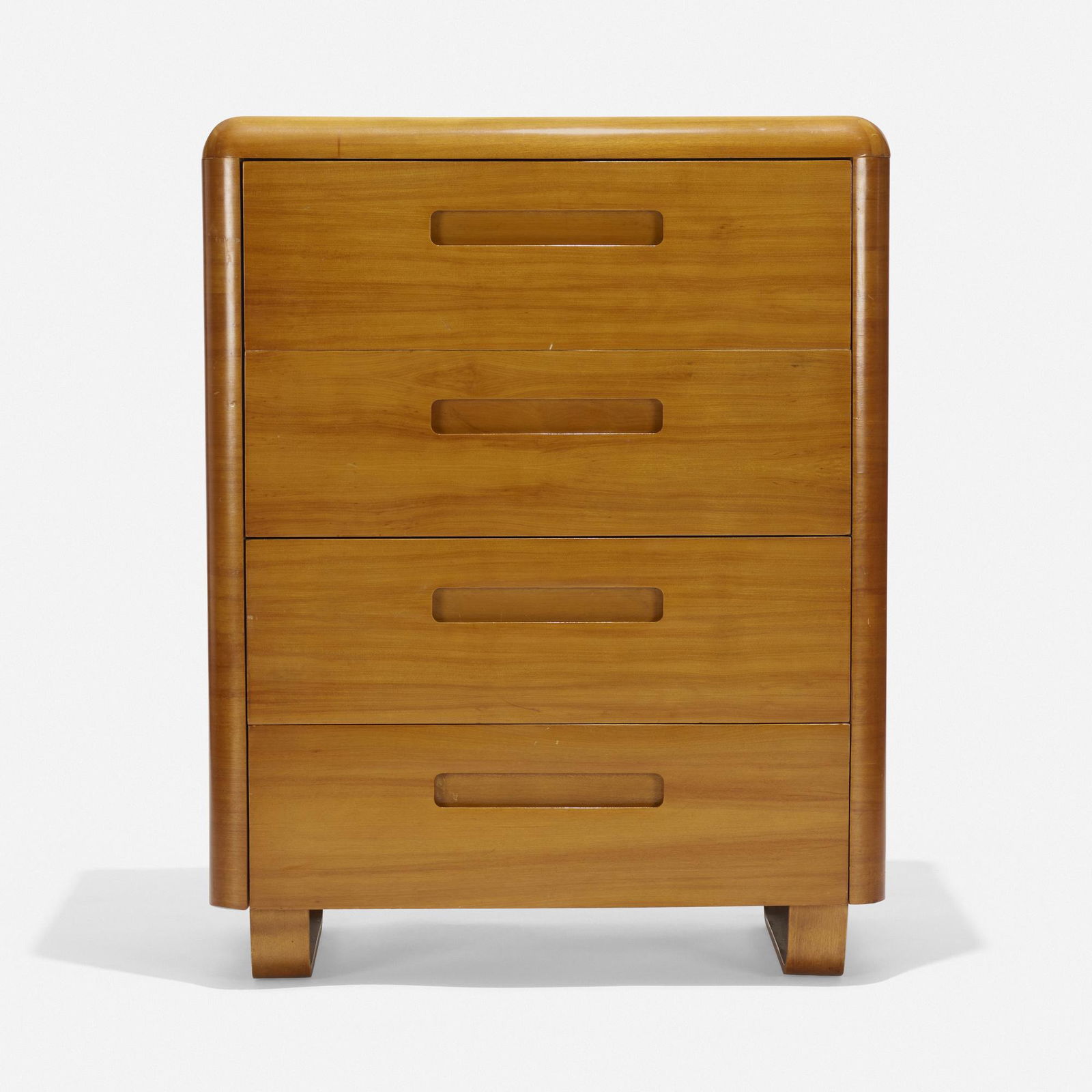 Paul Goldman, Cabinet: Paul Goldman Cabinet Plymold CorporationUSA, c. 1945walnut plywood 42 h × 33 w in (107 × 84 cm) Cabinet features four drawers. Decal manufacturer's label to drawer 'Plymodern