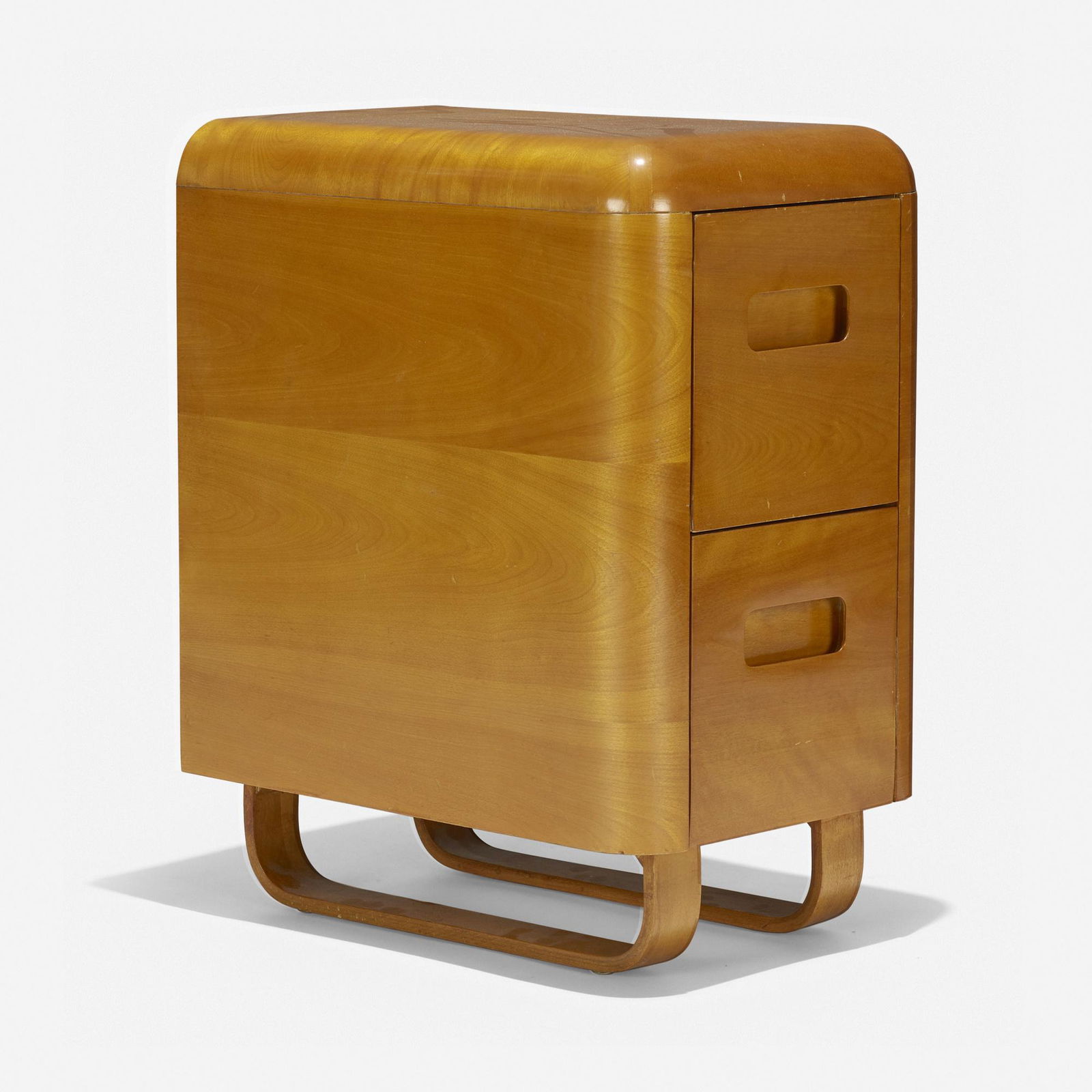 Paul Goldman, Nightstand: Paul Goldman Nightstand Plymold CorporationUSA, c. 1945walnut plywood 24 h × 13 w × 19 d in (61 × 33 × 48 cm) Nightstand features two drawers. Decal manufacturer'