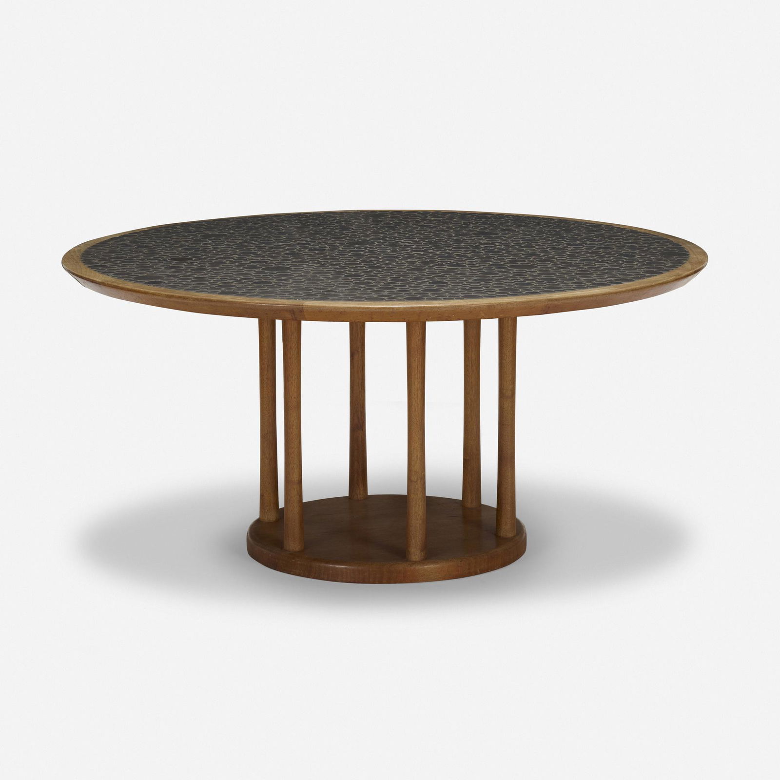 Gordon and Jane Martz, Low dining table: Gordon and Jane Martz Low dining table Marshall StudiosUSA, c. 1955walnut, ceramic tiles 26 h × 54.5 dia in (66 × 138 cm) Provenance: Private Collection