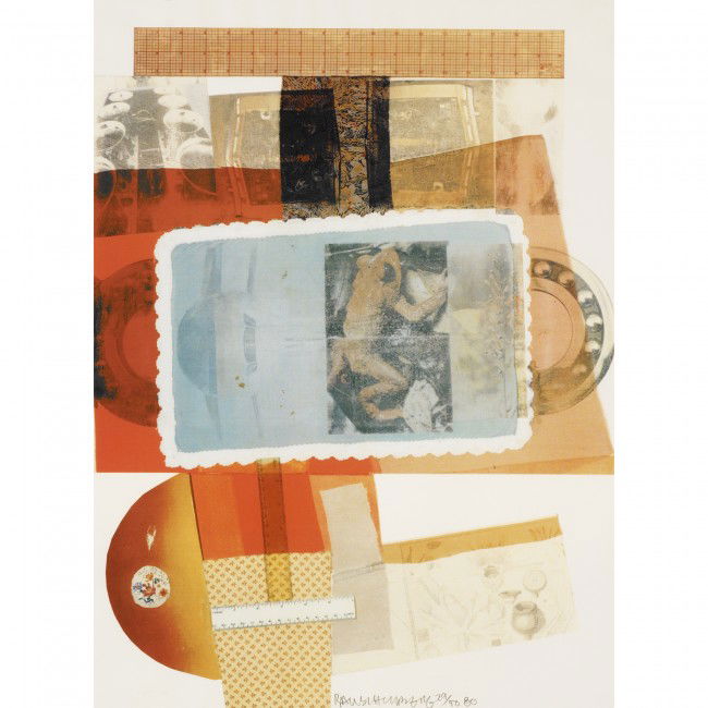 Robert Rauschenberg Edison Community College: Robert Rauschenberg Edison Community College 1980 screenprint and mylar collage on paper 30 h x 22 w inches Signed, numbered and dated to lower edge 'Rauschenberg 29/50 80'. This work is number 29 fro