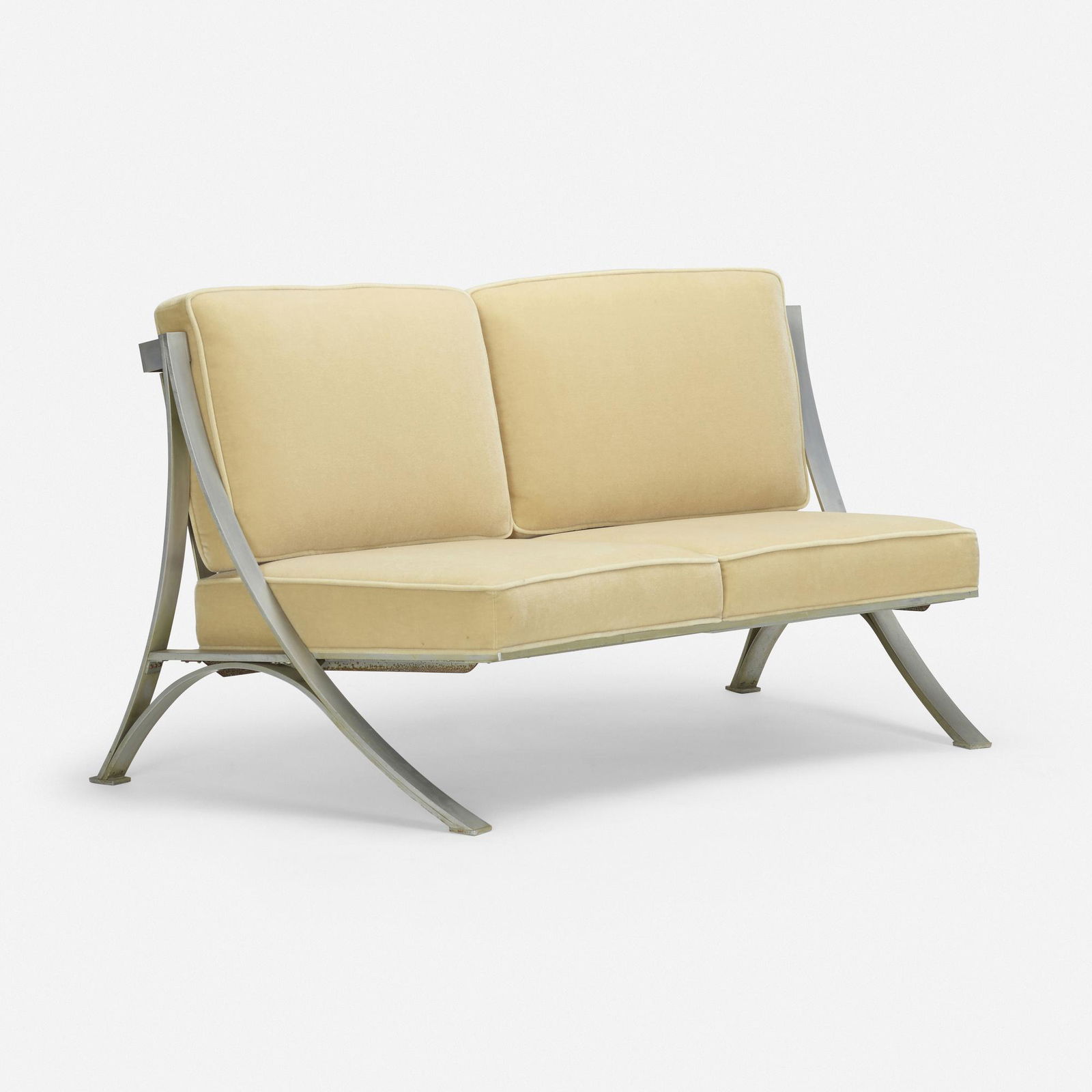 Paul Laszlo, Custom settee: Paul Laszlo Custom settee Hungary/USA, c. 1958aluminum, upholstery 34 h × 66 w × 31 d in (86 × 168 × 79 cm) This custom settee is likely a unique example.